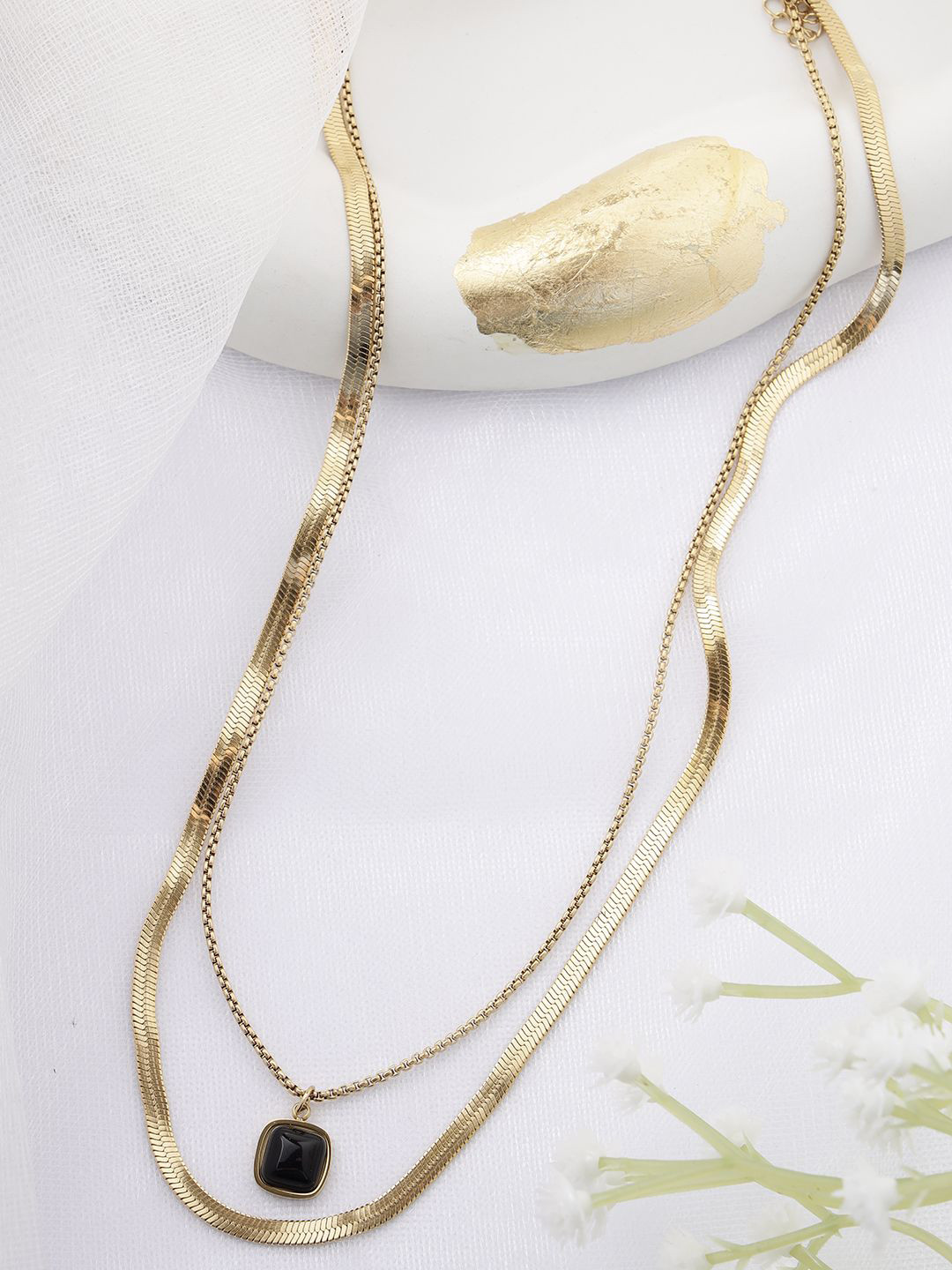 Scintillare By Sukkhi Steel Gold-Plated Stones Studded Double Chain Minimal Necklace