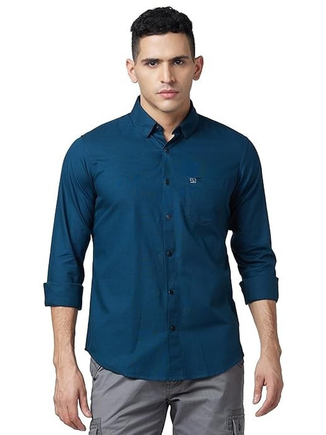 ISUEL FAB Teal Cotton Spread Collar Striped Shirts