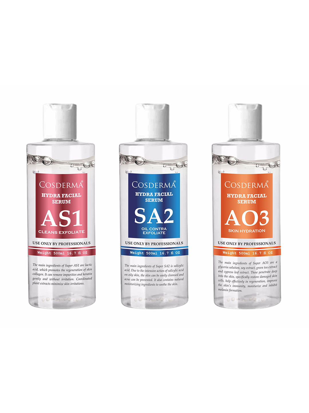 COSDERMA Set Of 3 Hydra Facial Serum- AS1- SA2- A03- 400 ml Each