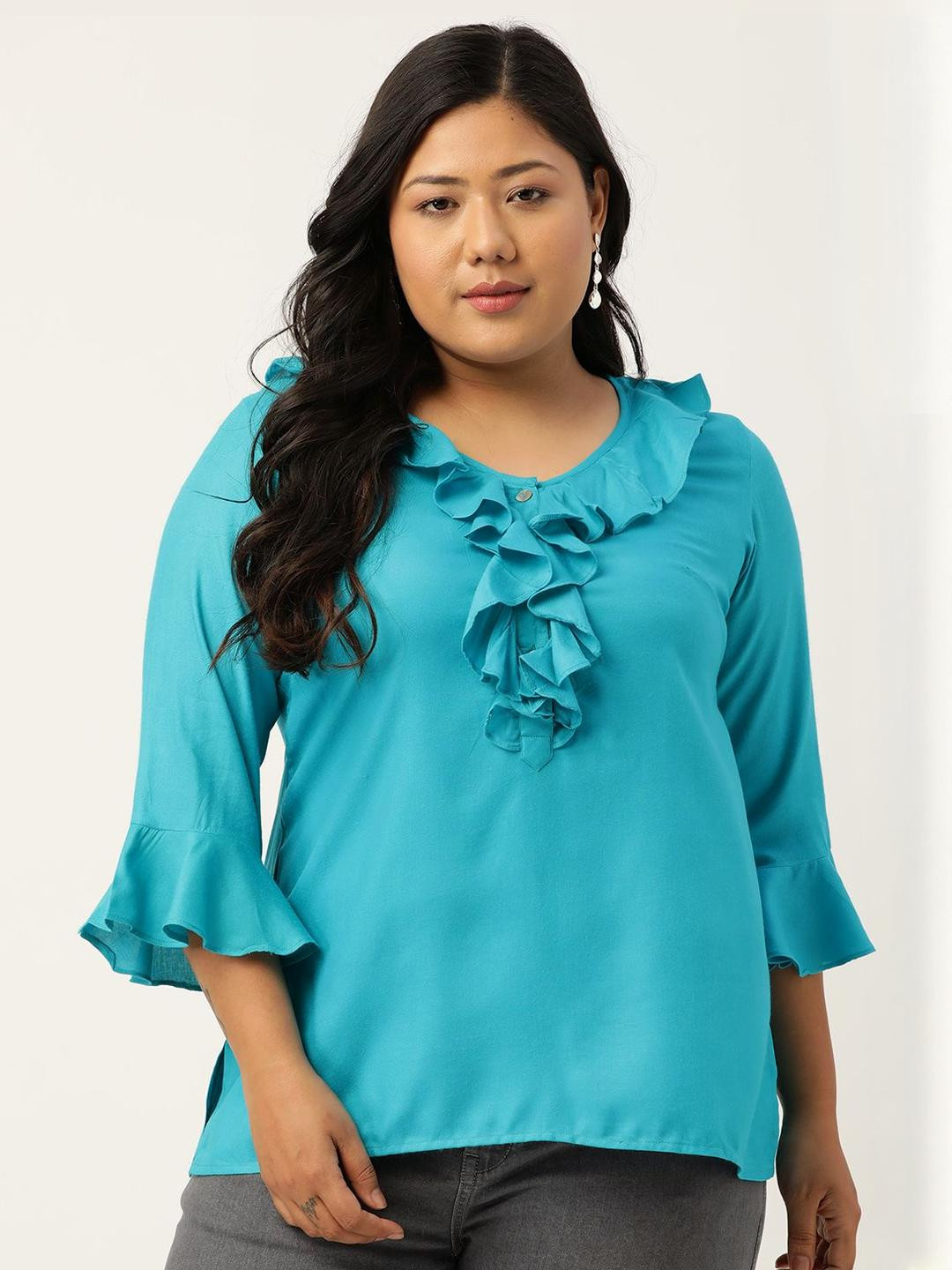 theRebelinme Women Plus Size Bell Sleeve Ruffles Top