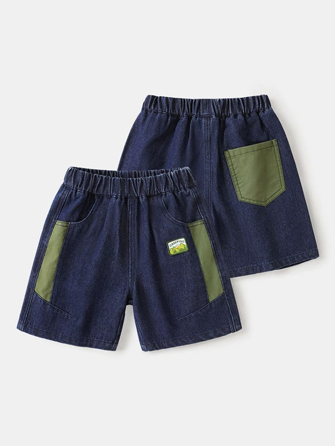 LULU & SKY Boys Colourblocked Patch Pocket Detail Loose Fit High-Rise Denim Shorts