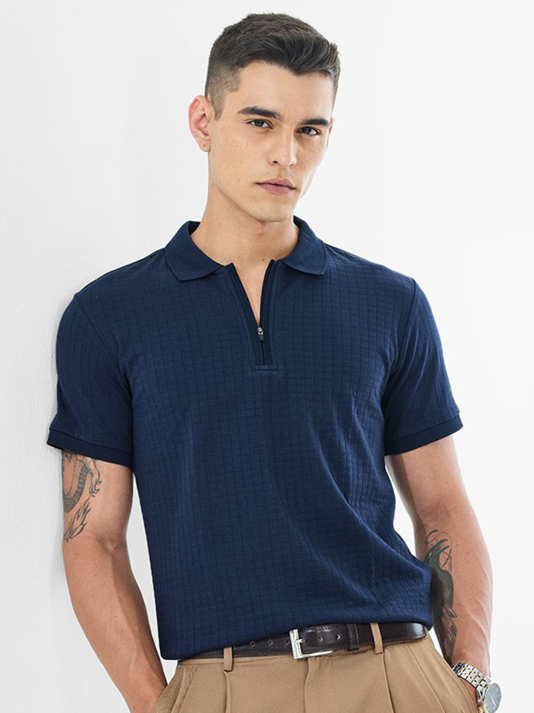 Snitch Navy Blue Ribbed Polo Collar Drop-Shoulder Sleeves Pure Cotton T-shirt