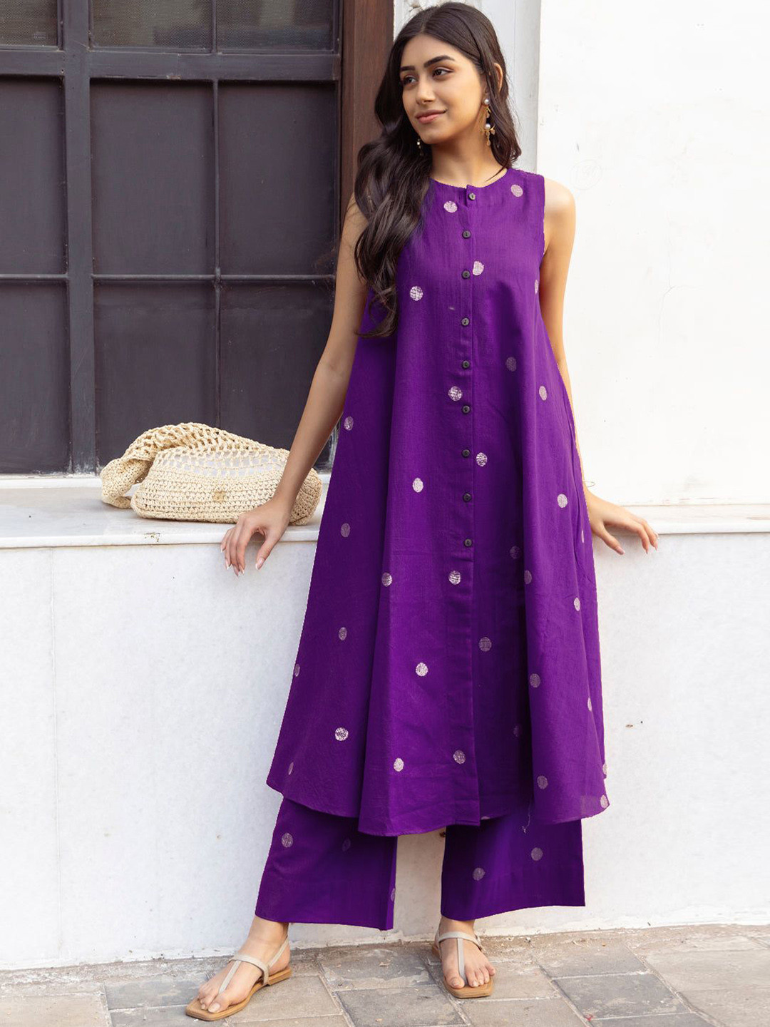 Anni Designer Floral Printed High Slit Round Neck Straight A-Line Kurta With Palazzos