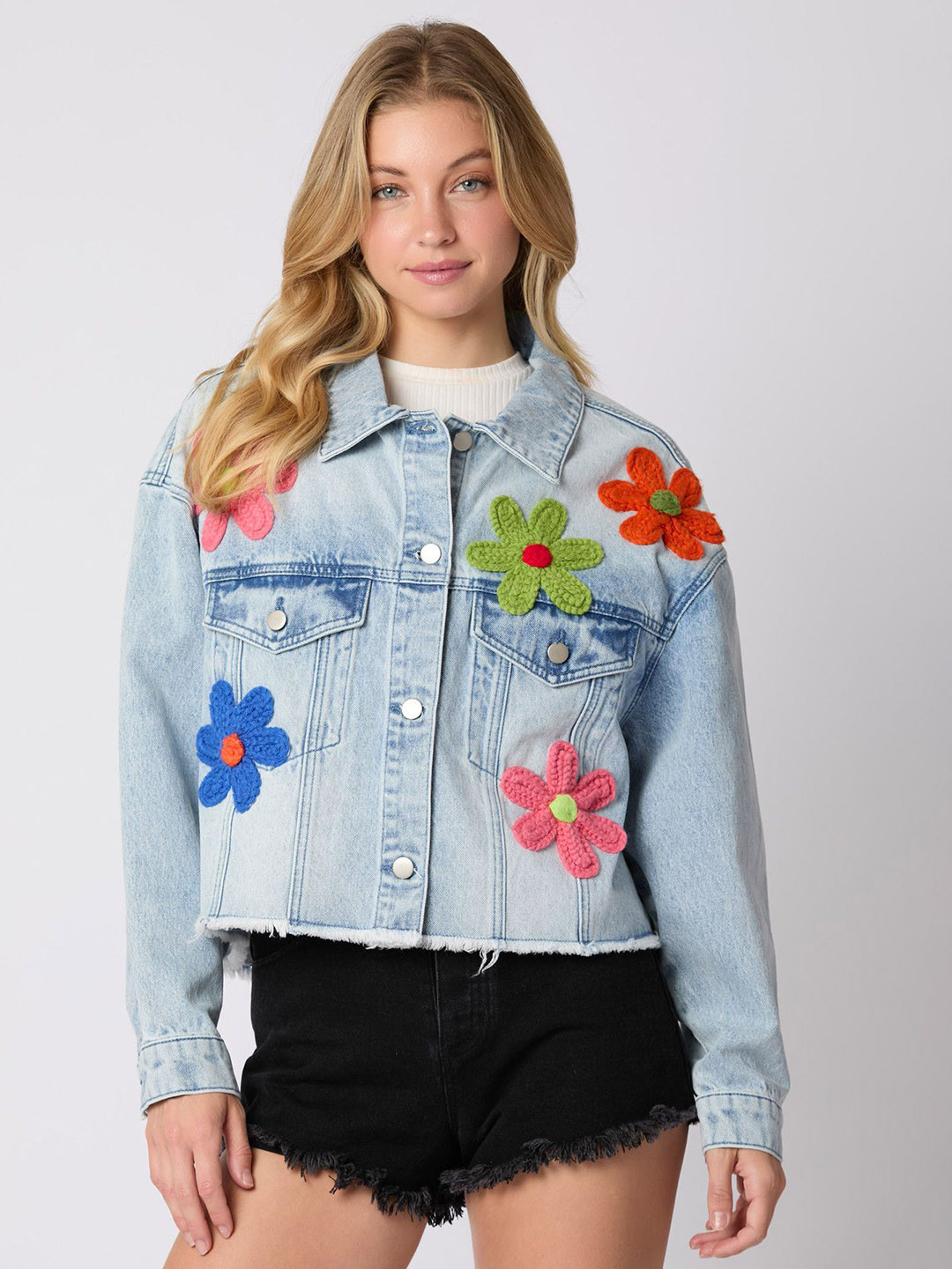 StyleCast Floral Patchwork Denim Bomber Jacket