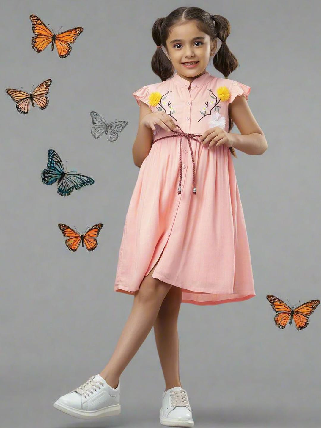 TeenTrums Ishki Pushki Girls Floral Embroidered Fit & Flare Dress With Belt