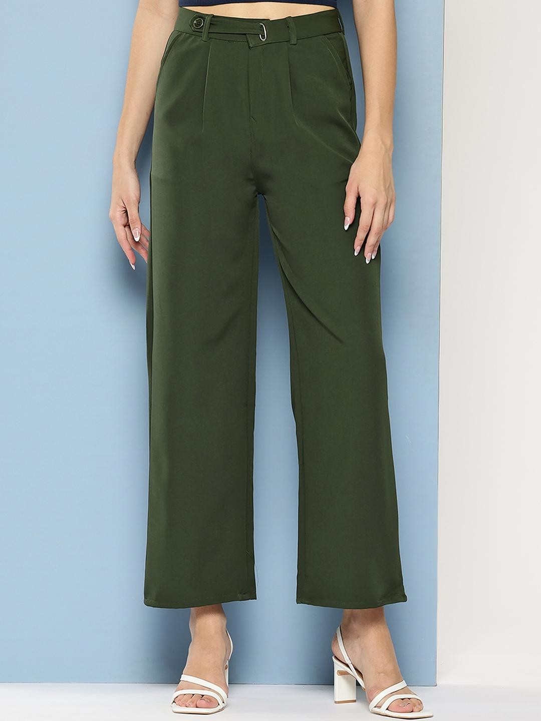 Girls Casual Wear Dark Green Colour Solid Crepe Pant