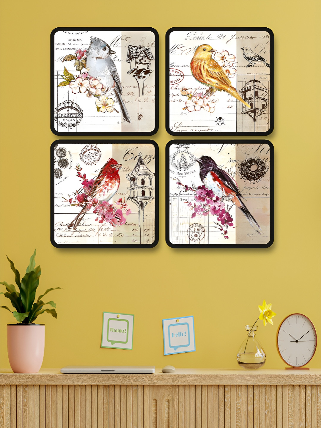 Livin'luxe White & Yellow Set of 4 Piece MDF Birds and Animals Wall Paintings