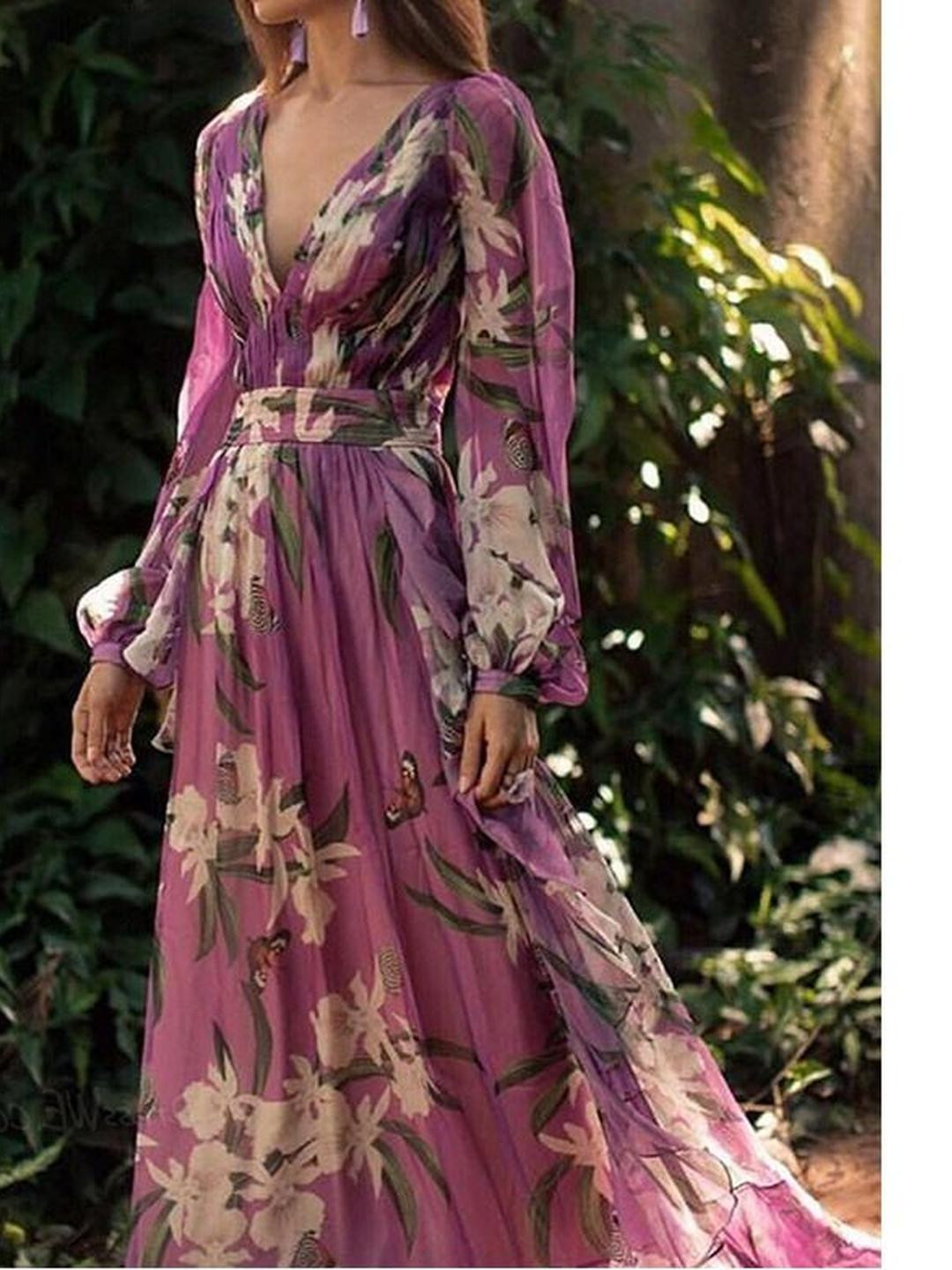 StyleCast Women Floral Print V-Neck Puff Sleeve Maxi Dress