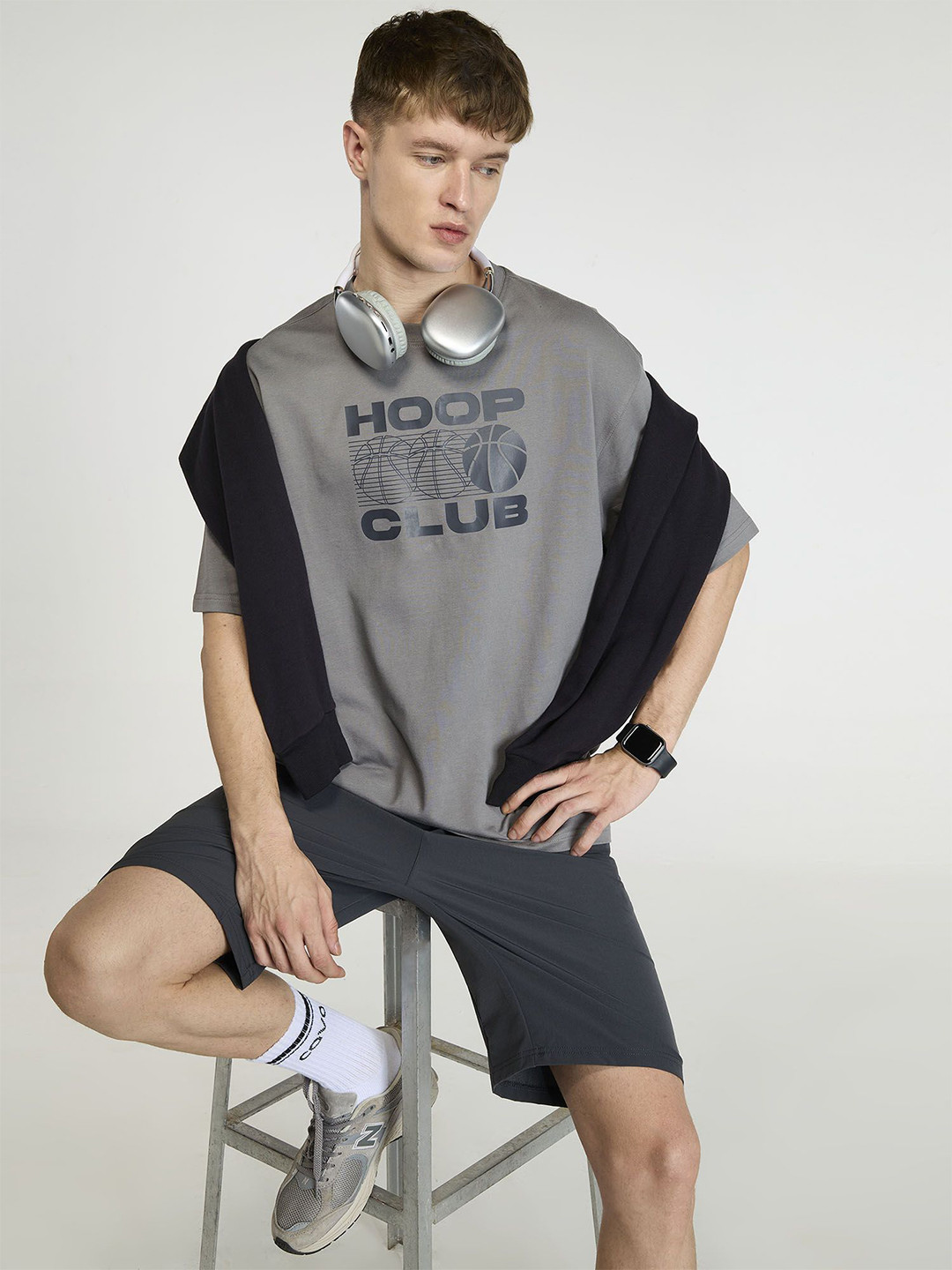 CAVA Men Grey Certified Hoopers Oversized Printed Cotton Tee
