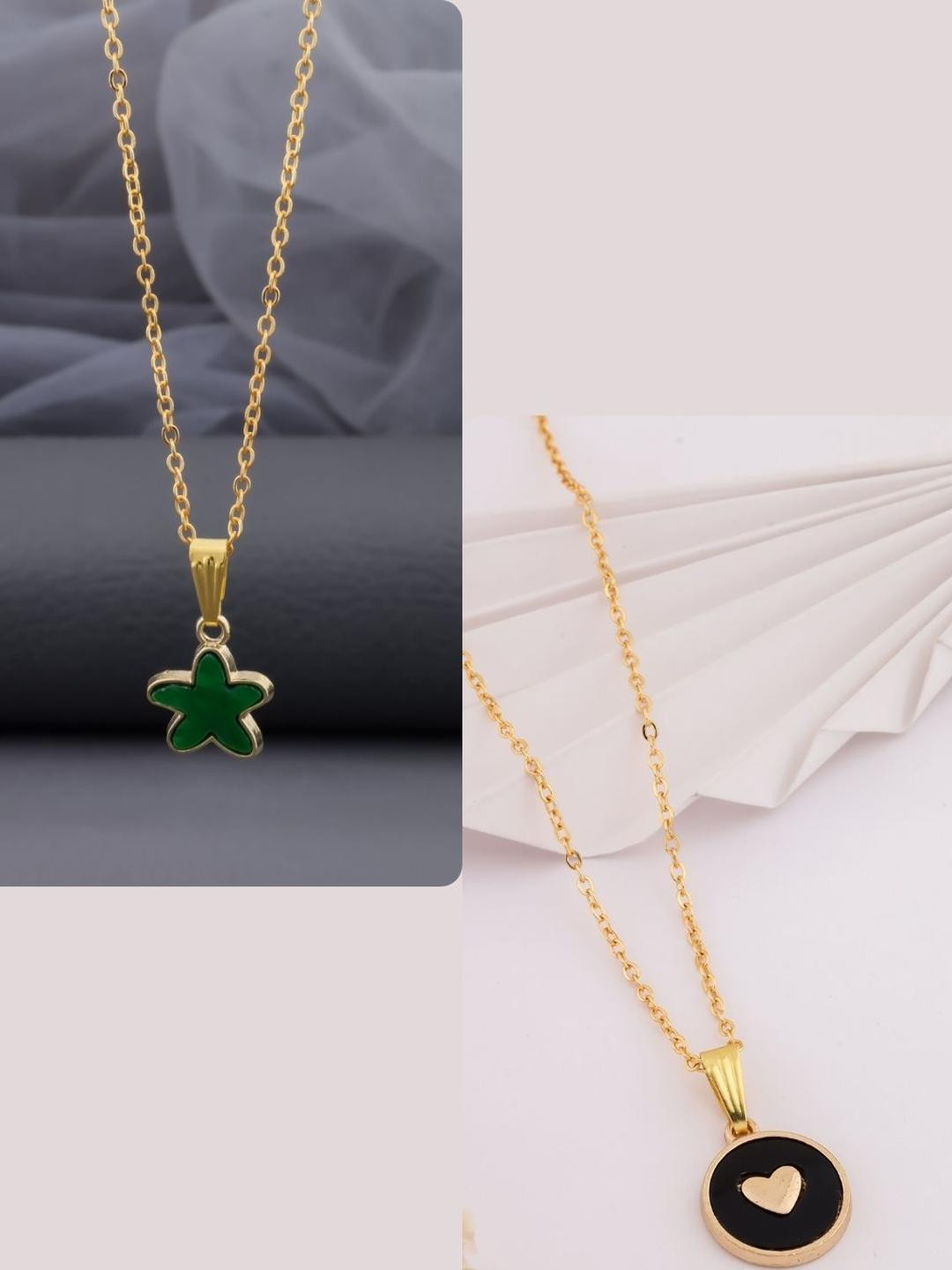 DressBerry Women Black Heart & Green Star Charms Brass Gold-Plated Set Of 2 Chains