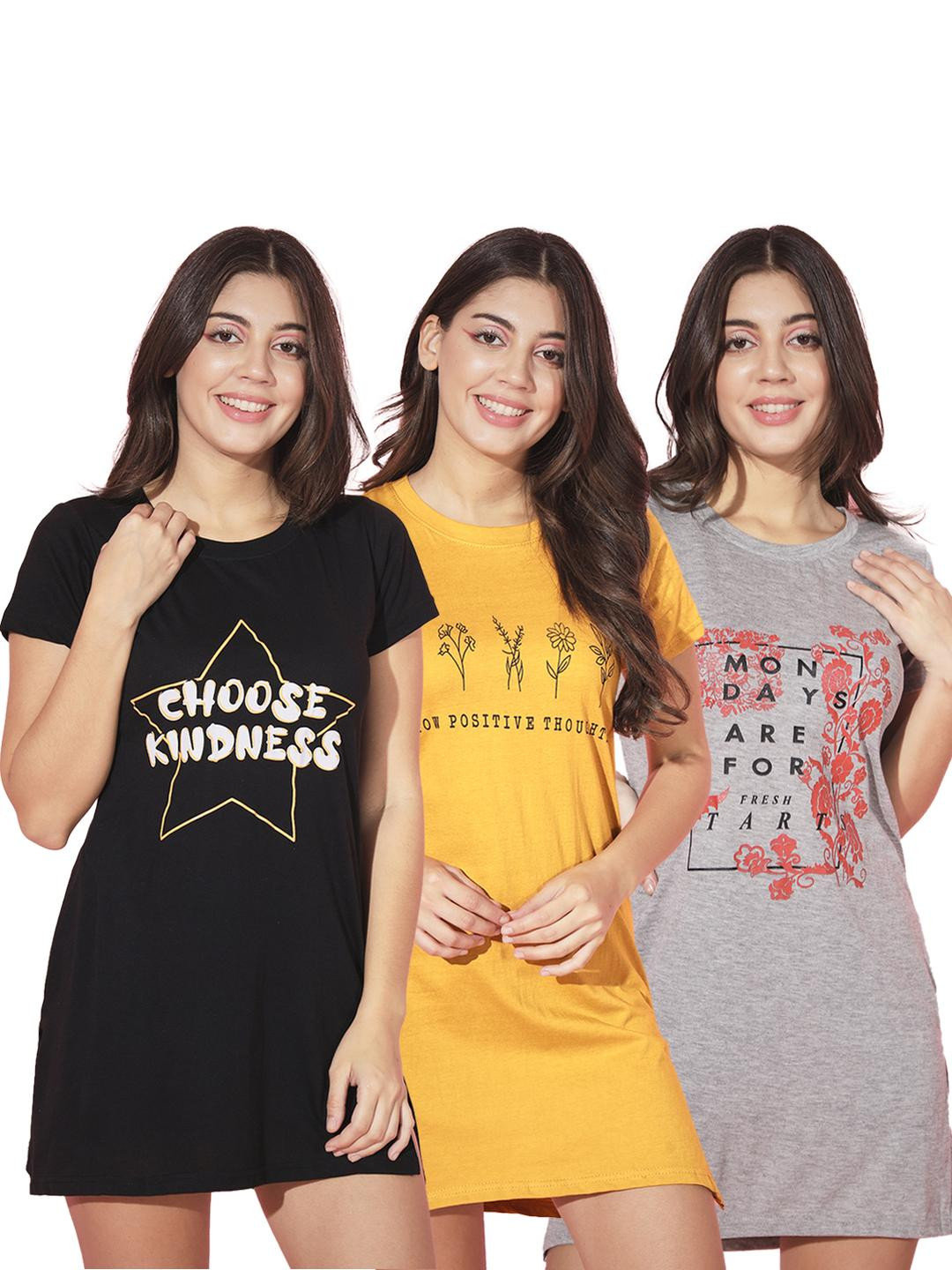 TRENDY WORLD Women Pack of 3 Printed Round Neck Cotton Long T-shirts