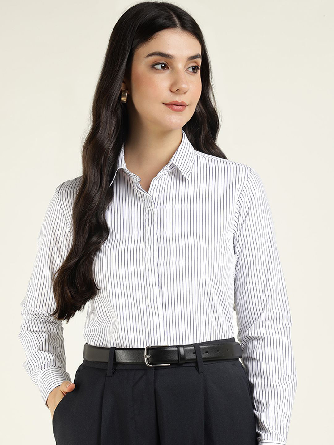 English Navy Women Vertical Striped Wrinkle Resistant Regular Fit Formal Shirt