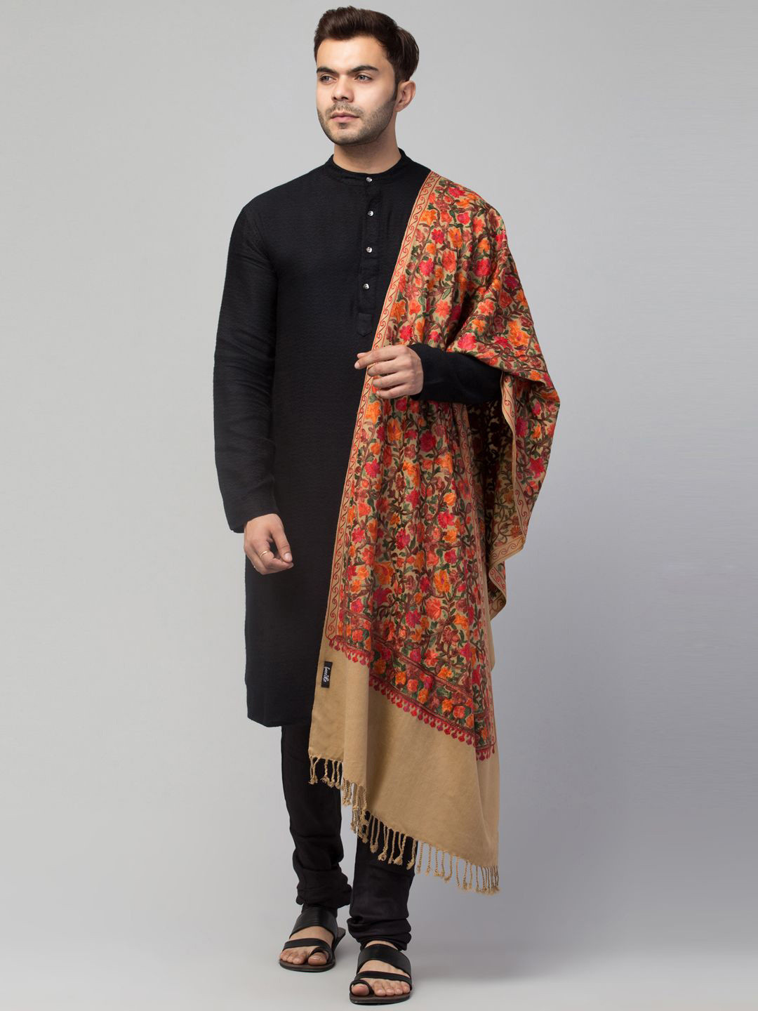 Tweedle Men Floral Aari Embroidered Stole With Tessels