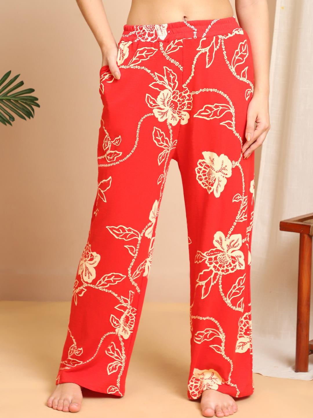 GRAGE Women Red Floral Printed Cotton Lounge Pant