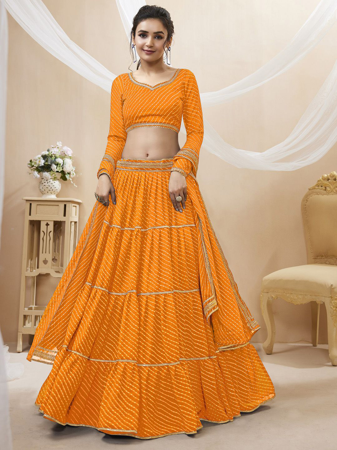 ETHNIC PLUS Printed Semi-Stitched Georgette Lehenga & Unstitched Blouse With Dupatta