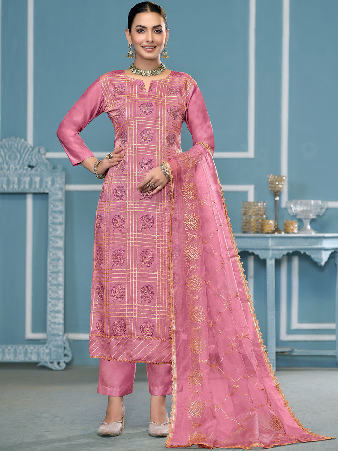 MANVAA Floral Printed Gotta Patti Roman Cotton Unstitched Dress Material