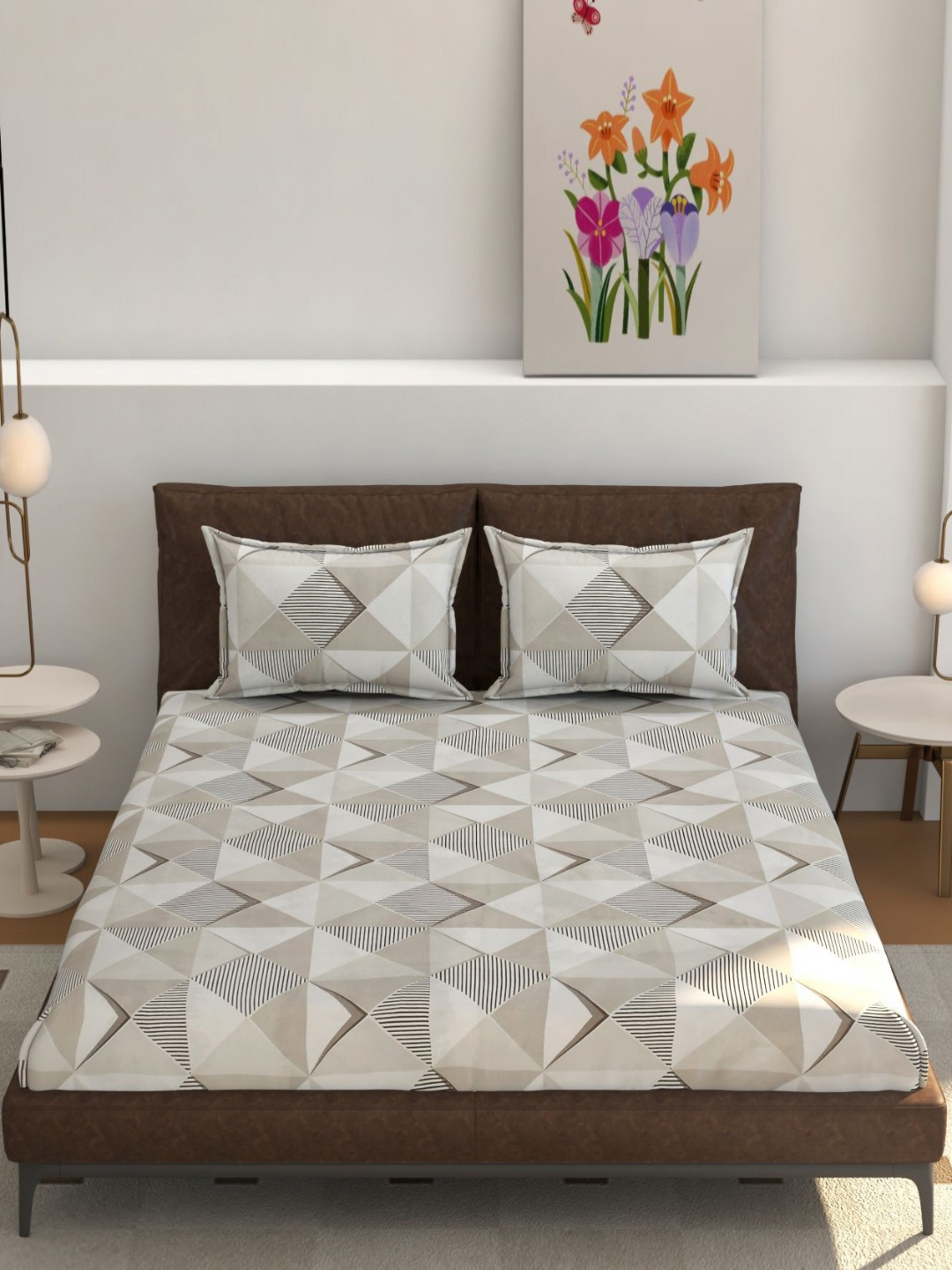 Florida Tan & White Geometric 180 TC Queen Bedsheet with 2 Pillow Covers