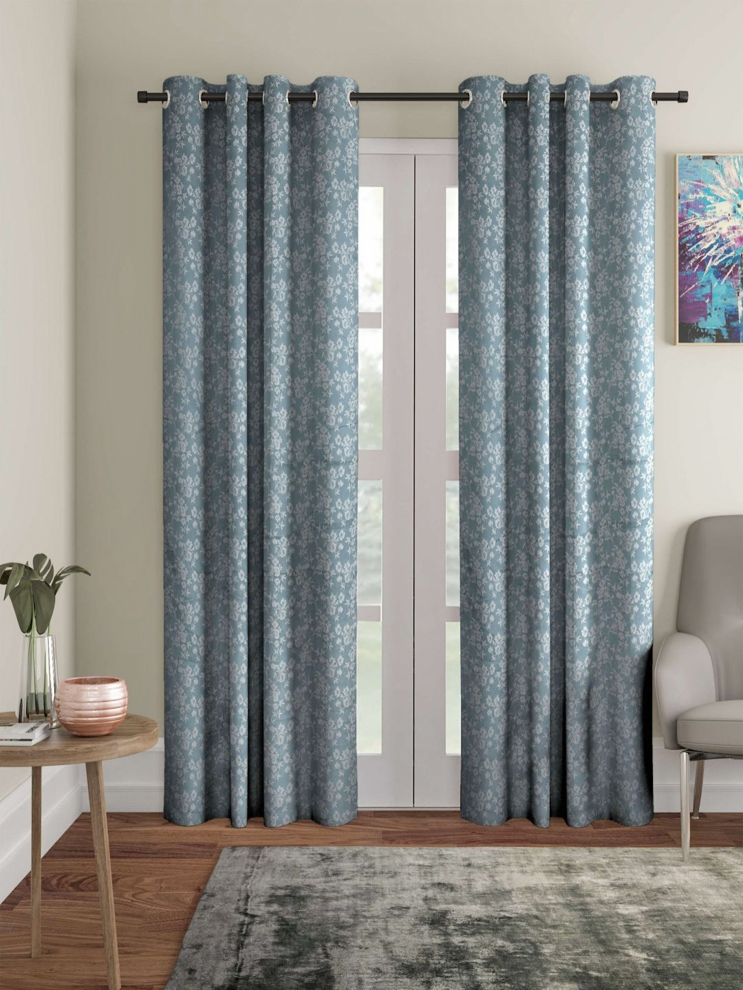 STITCHNEST Blue & Grey Printed Jacquard Black Out Door Curtain