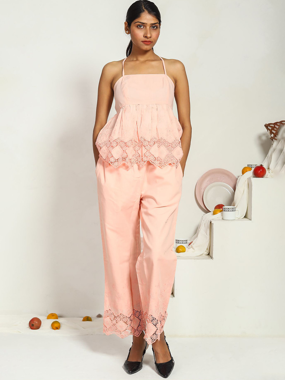 AKANYA Pure Cotton Square Neck Sleeveless Top With Trouser Co-Ords
