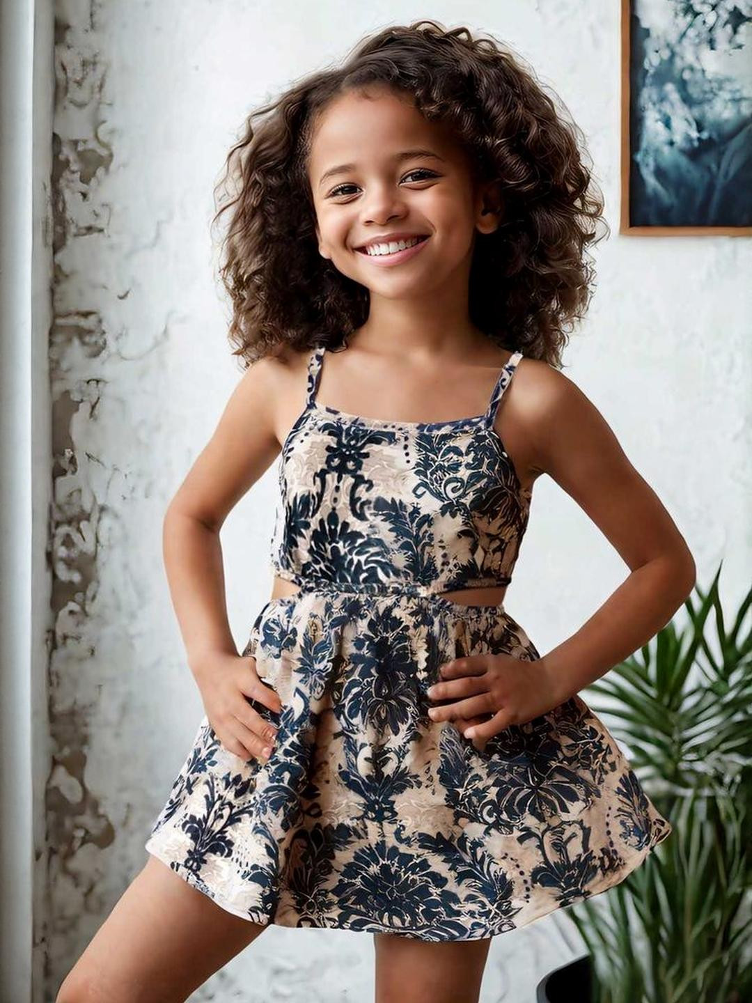 LULU & SKY Girls Damask Print Shoulder Straps Cut-Out Fit & Flare Mini Dress