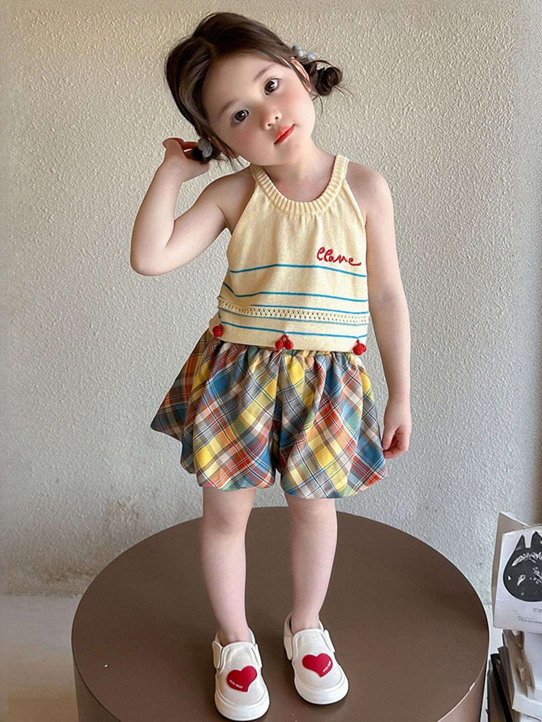 LULU & SKY Girls Printed Cutaway Neck Sleeveless Top With Checked Shorts
