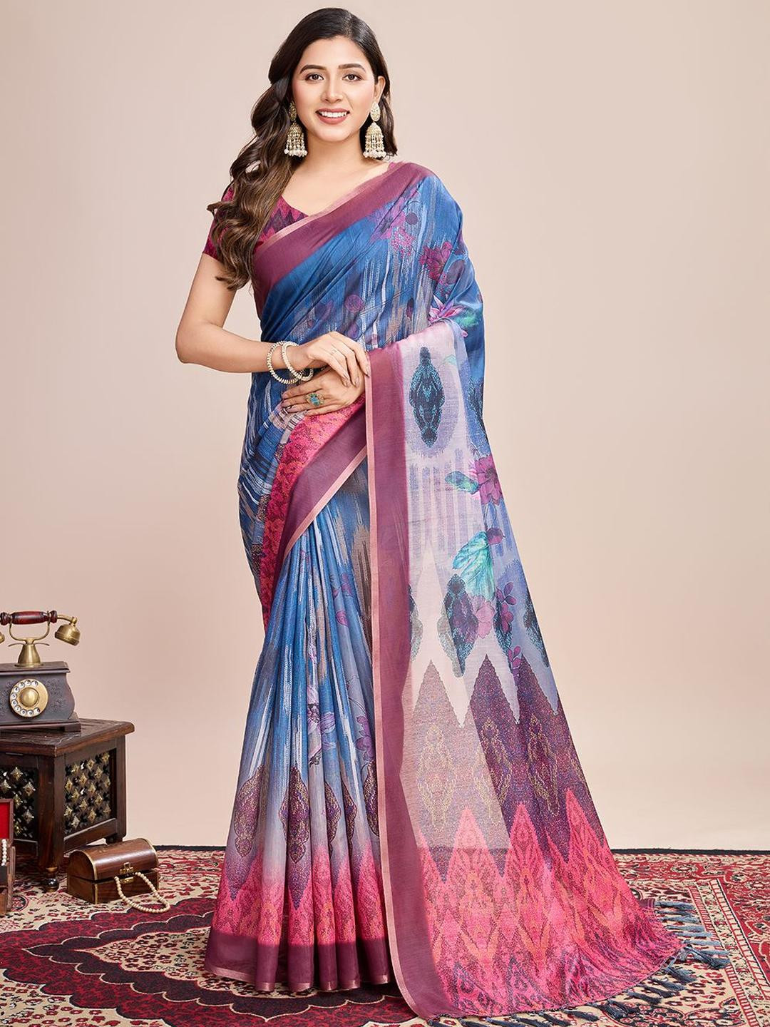 VARNI FABRICS Floral Pure Linen Ikat Saree