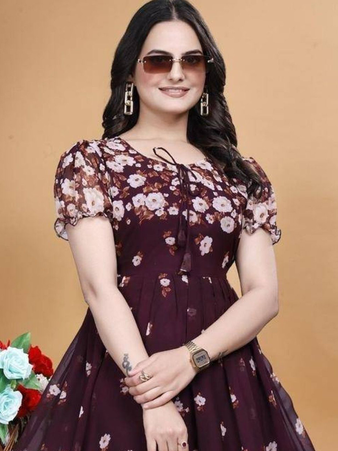 MISS CLOTHING Floral Print Keyhole Neck Puff Sleeve Layered Georgette A-Line Midi Dress