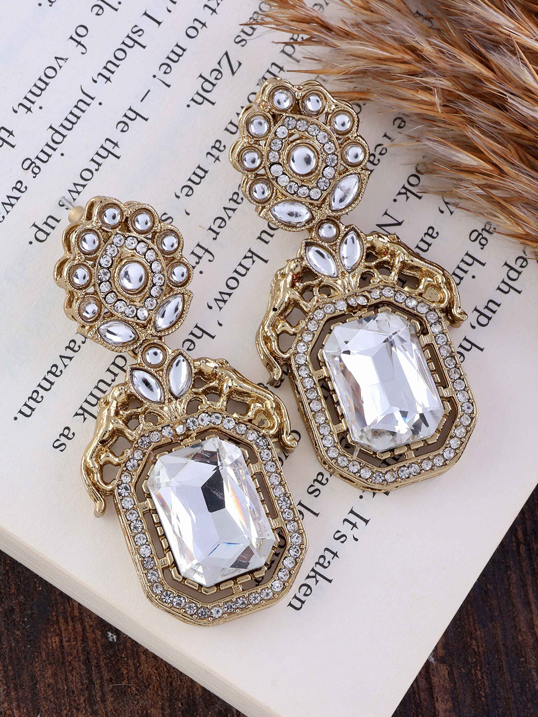 SHONA'S STYLE Brass-Plated Garnet Studded Octagon Shaped Drop Earrings