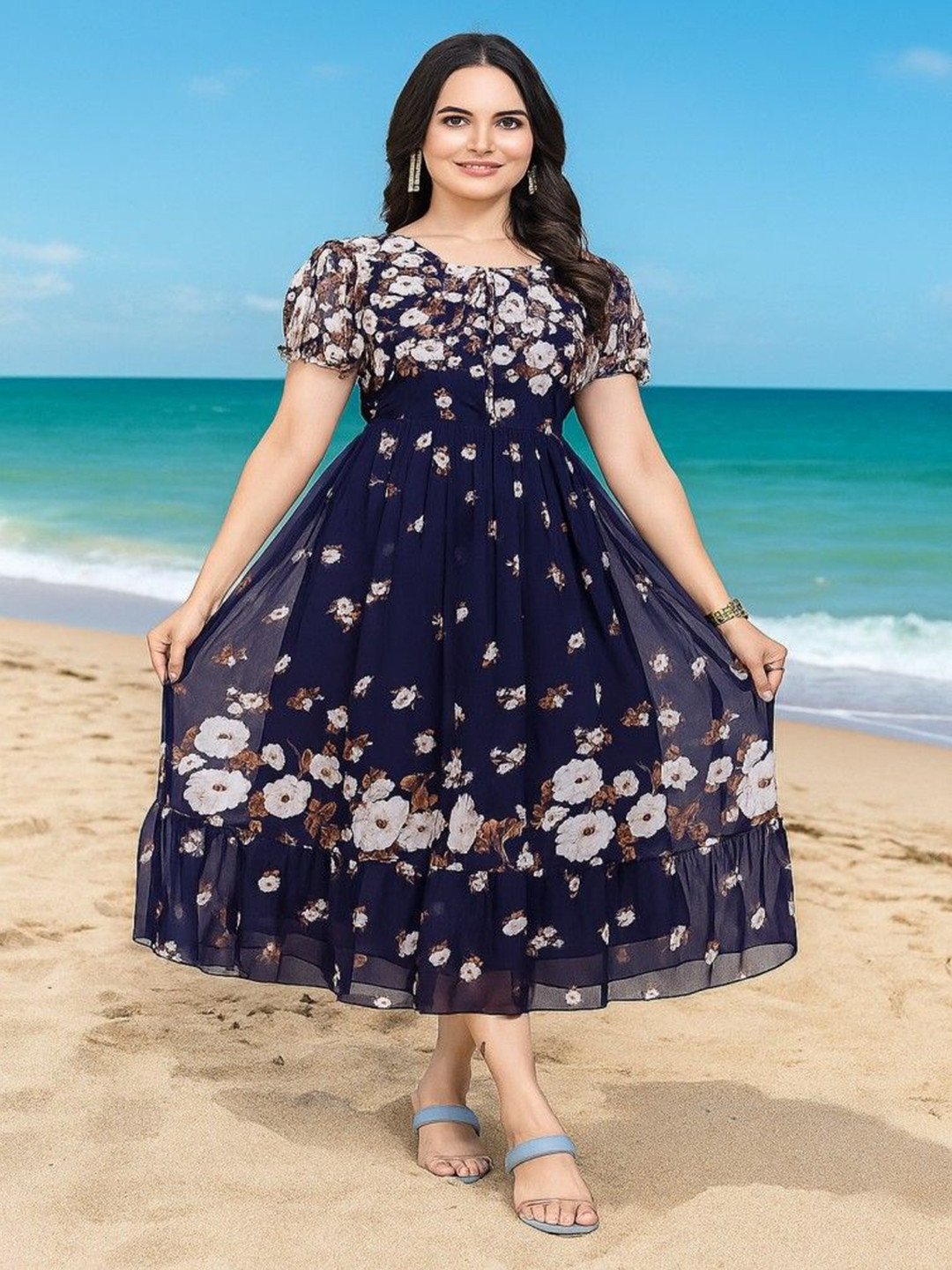 MISS CLOTHING Floral Print Keyhole Neck Puff Sleeve Layered Georgette A-Line Midi Dress