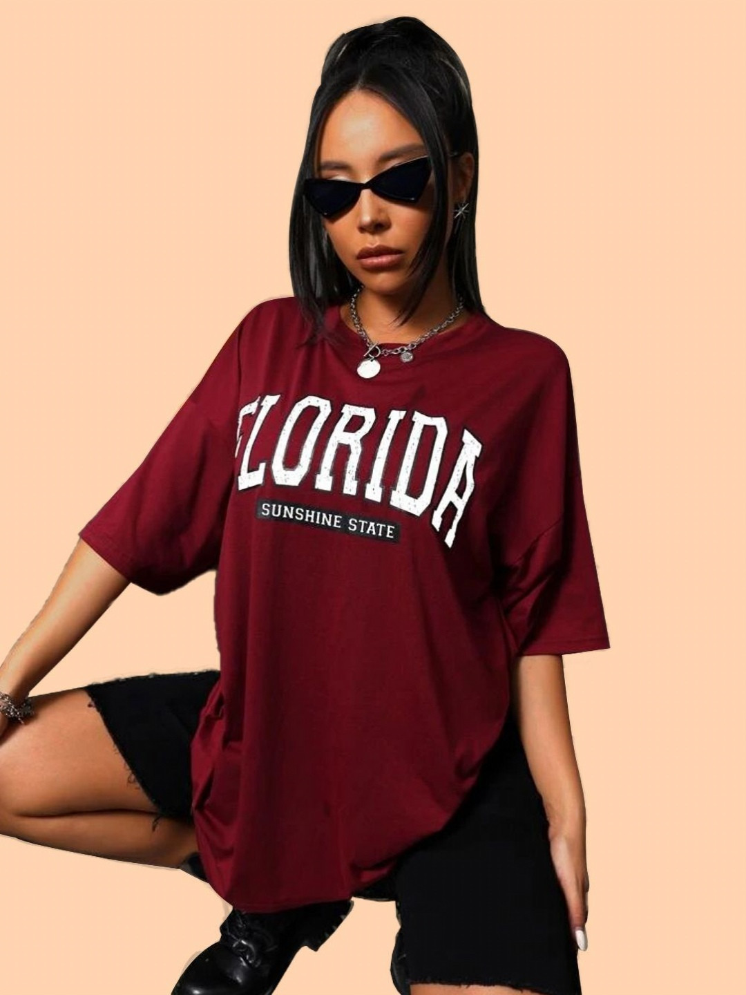 Christy World Typography Printed Round Neck Drop-Shoulder Sleeves Oversized T-shirt