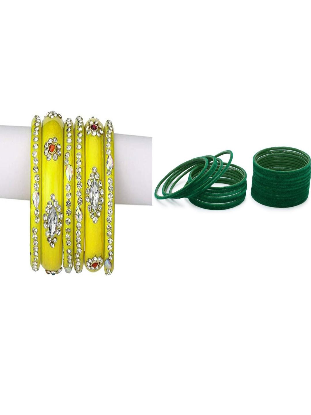 SOMIL Set of 30 Yellow & Green Artificial Stones Beads Glass Bangles
