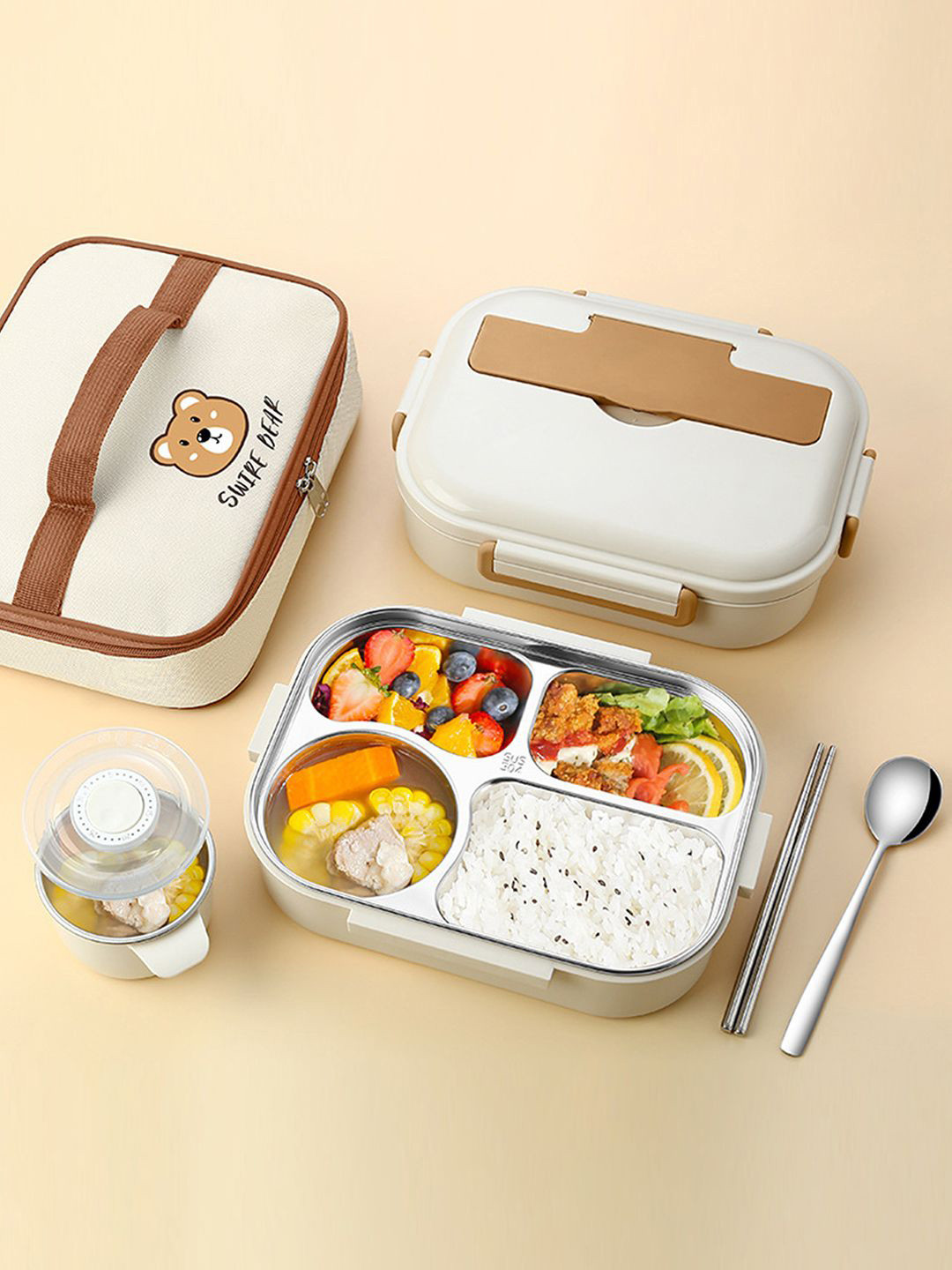 Little Surprise Box LLP Cream-Coloured Stainless Steel Lunch Box with Lunch Bag