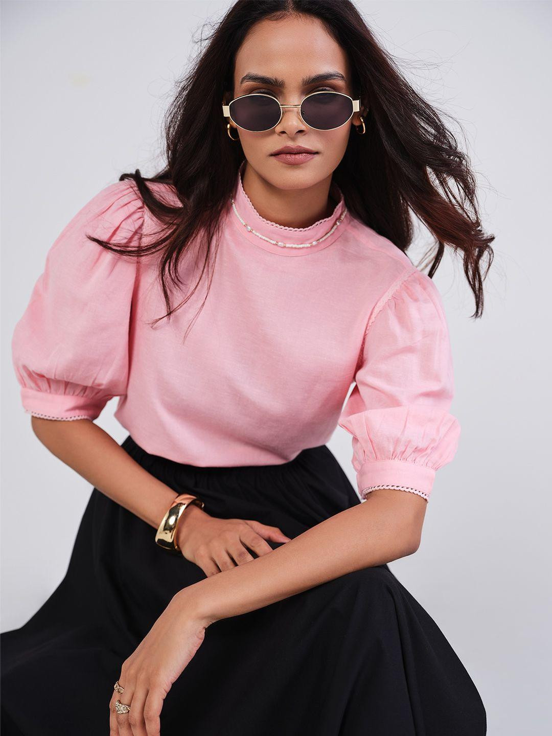 AND Women Solid High Neck Puff Sleeves Top