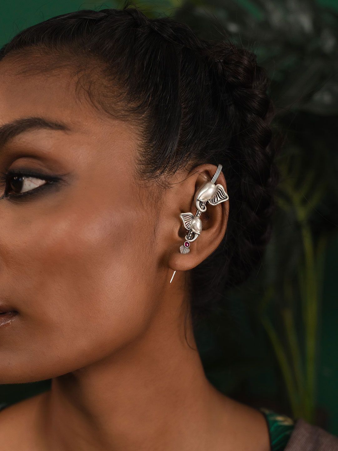 SHAYA 925 Sterling Silver Stone Studded The Protector Elephant Shaped Ear Cuff Earrings