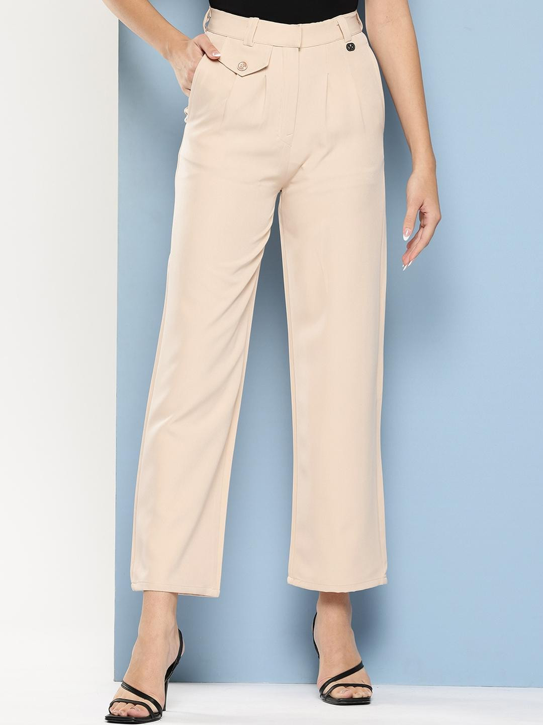 Girls Casual Wear Beige Colour Solid Crepe Pant
