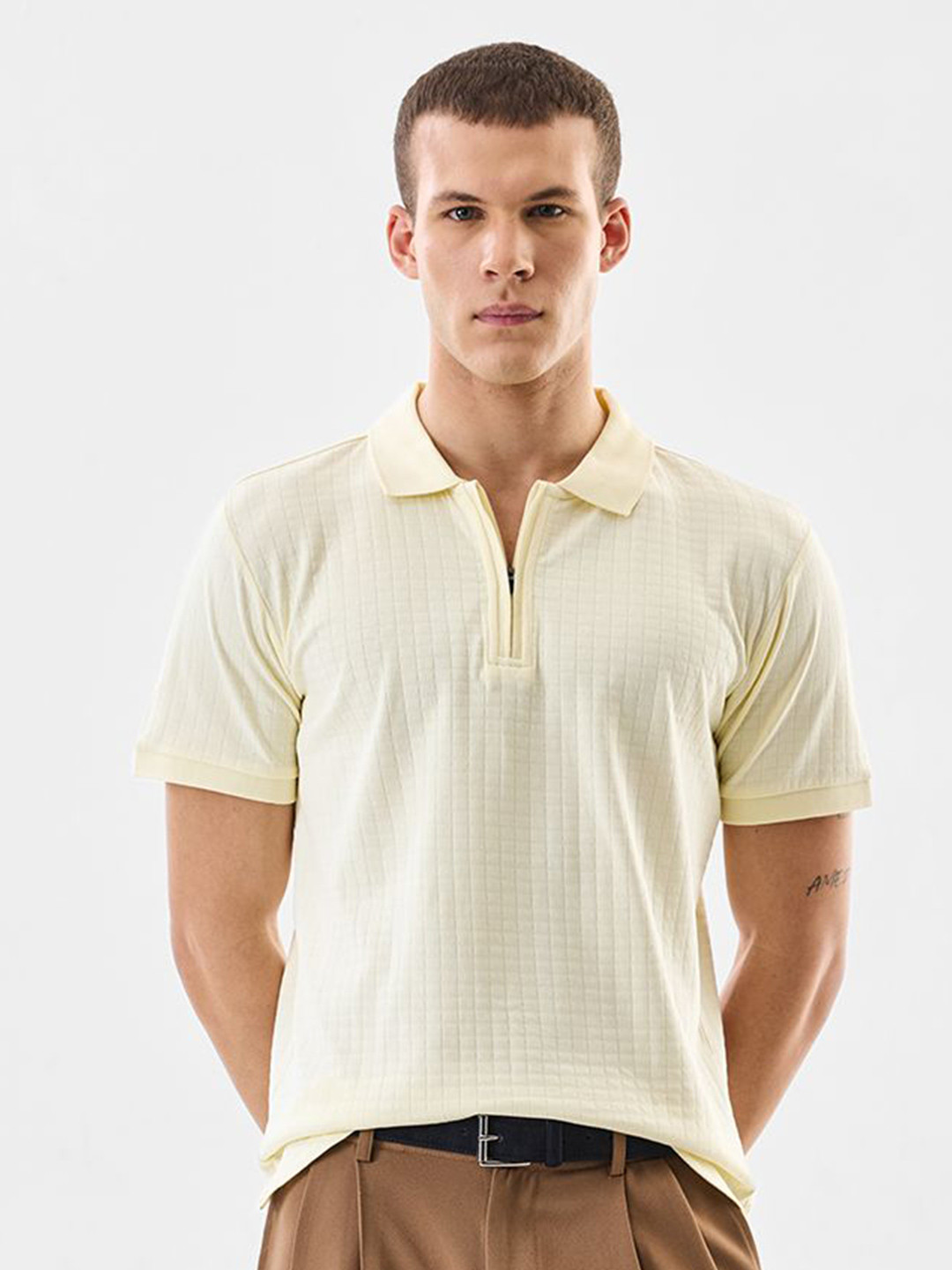 Snitch Yellow Self Design Ribbed Polo Collar Pure Cotton T-shirt