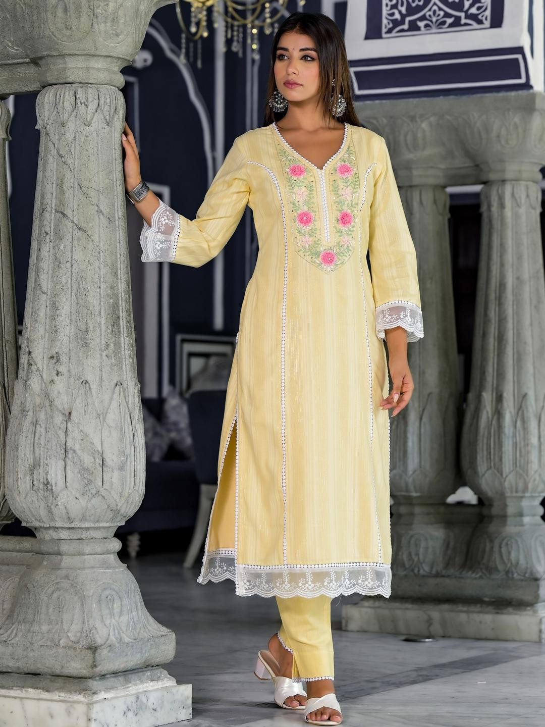 Aavanya Yellow Cotton Straight V-Neck Sequinned Kurta & Trouser With Dupatta