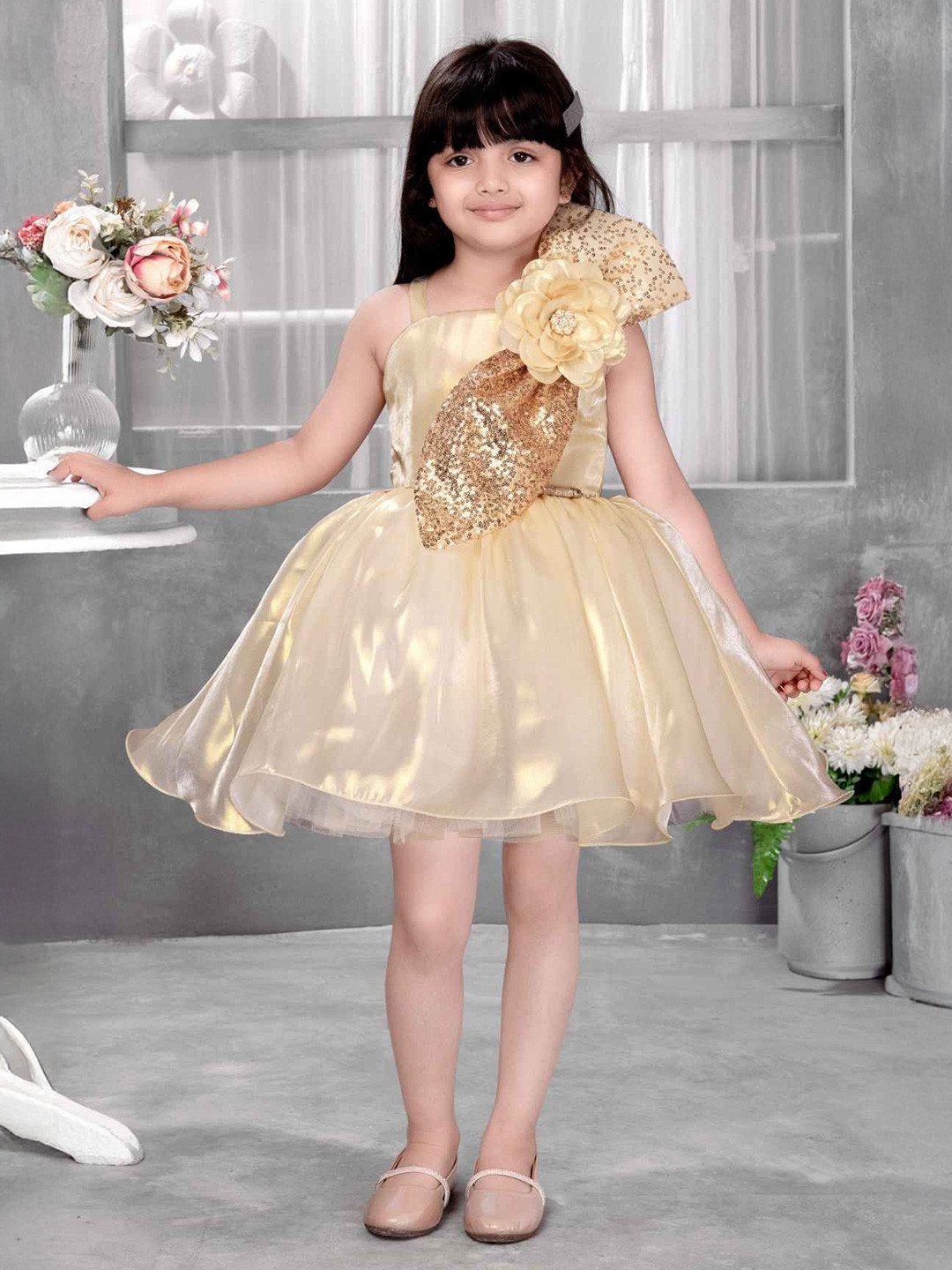 Lagorii Girls Shimmer Party Frock with Sequin Bow and 3D Flower Detail