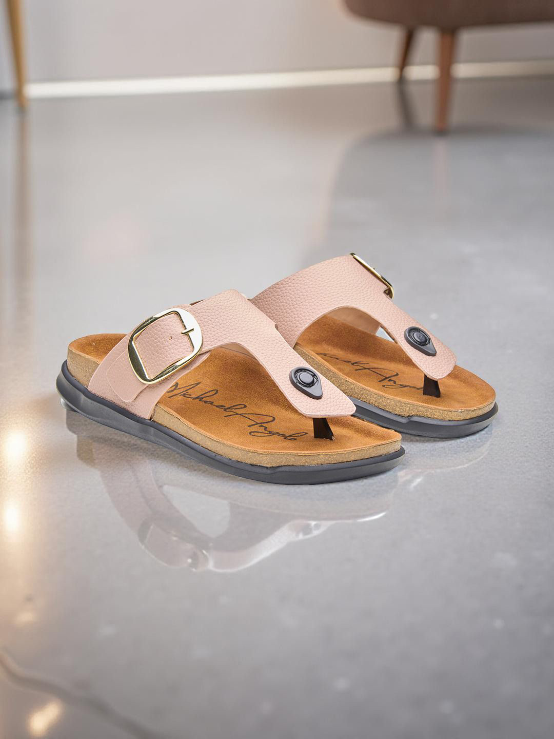 MICHAEL ANGELO Women Textured T-Strap Flats with Buckle