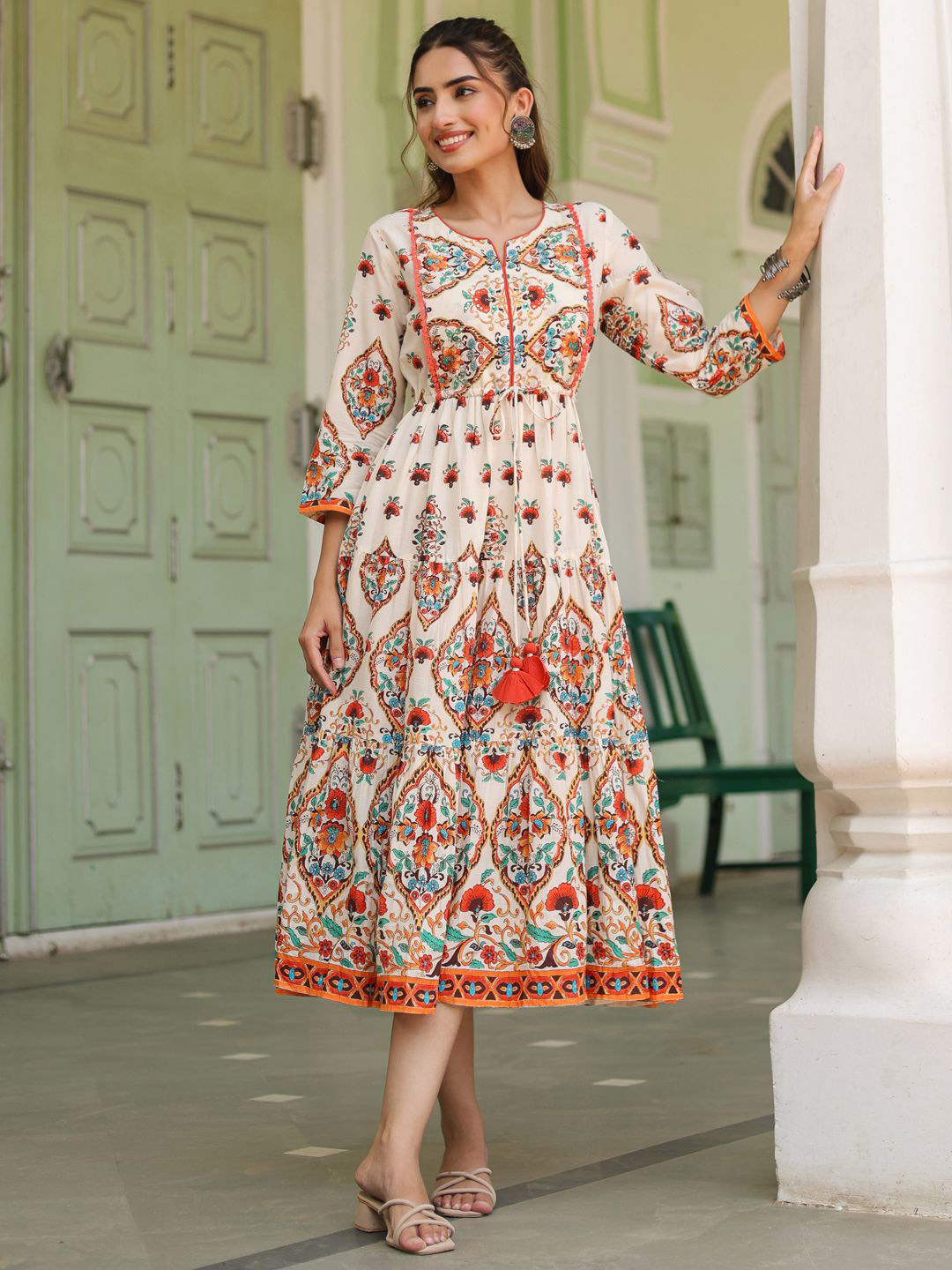 Rain & Rainbow White Printed Fit & Flare Ethnic Dress