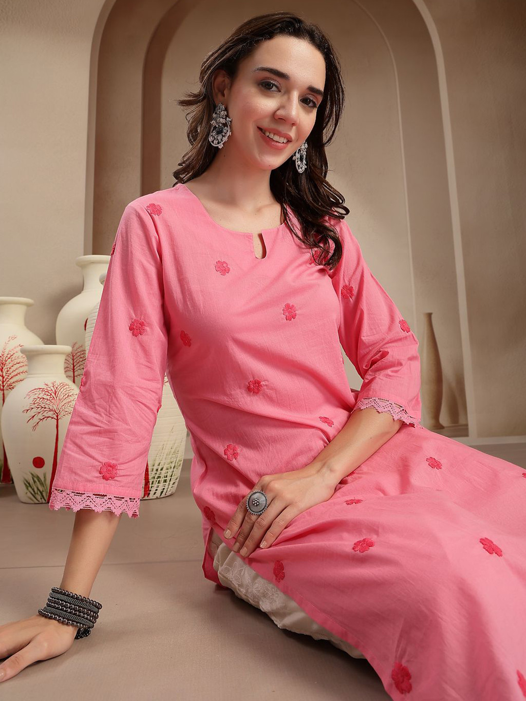 Sangria Women Floral Embroidered Daily Cotton Straight Kurta