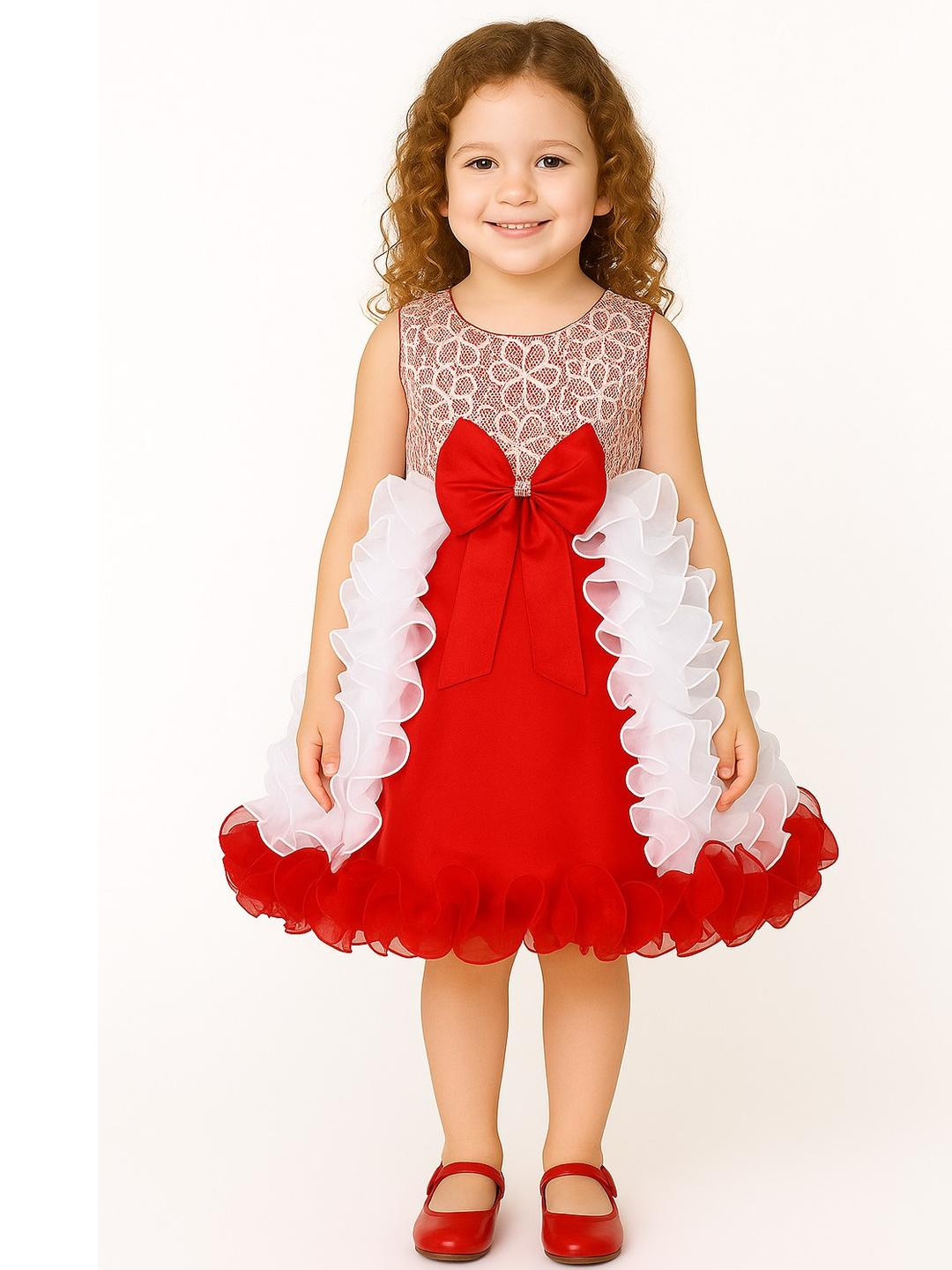 My Lil Princess Baby Girls Red & White Embellished Net Fit & Flare Party Dress