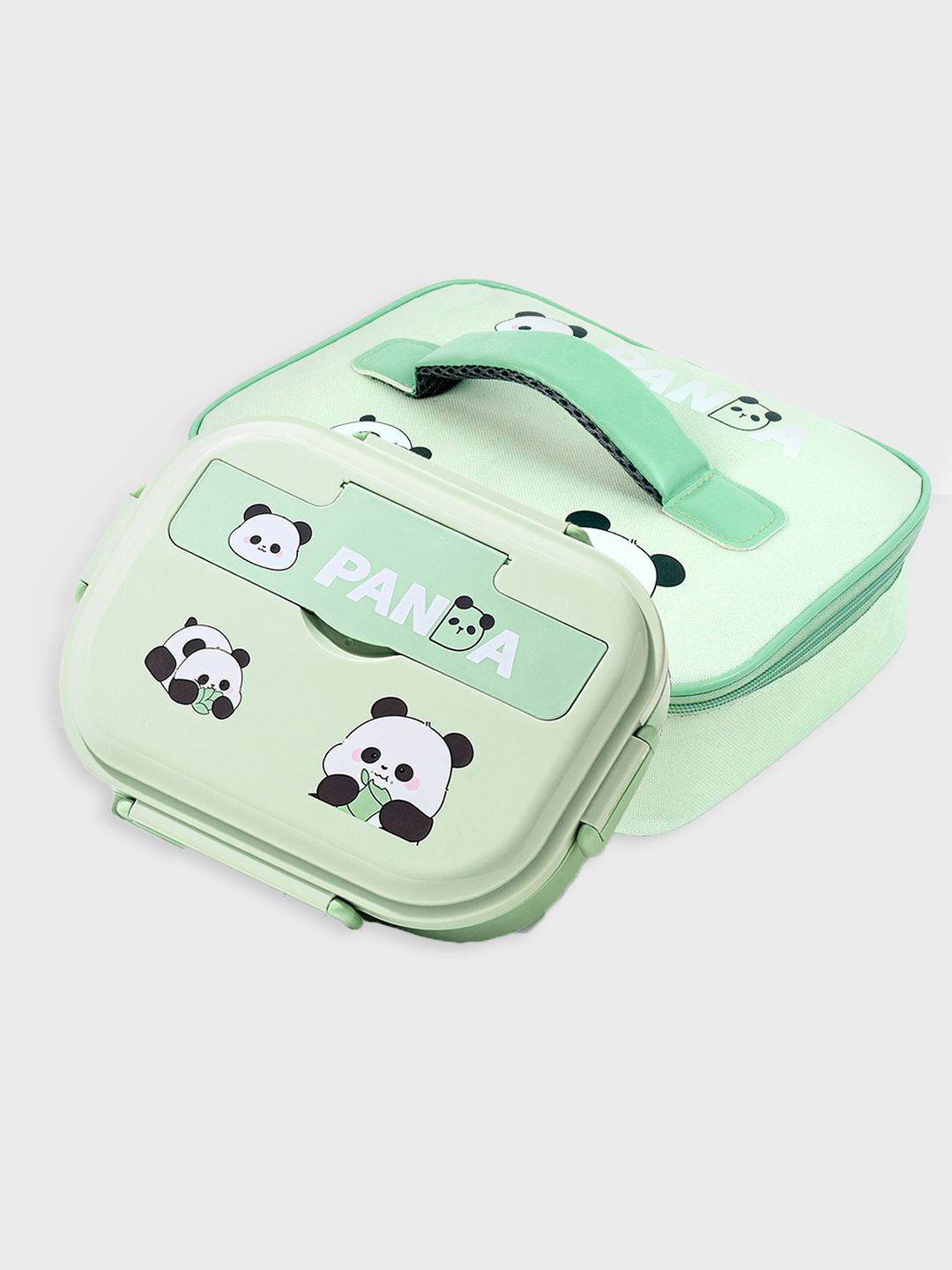 Little Surprise Box LLP Green Panda Stainless Steel Lunch Box with Lunch Bag