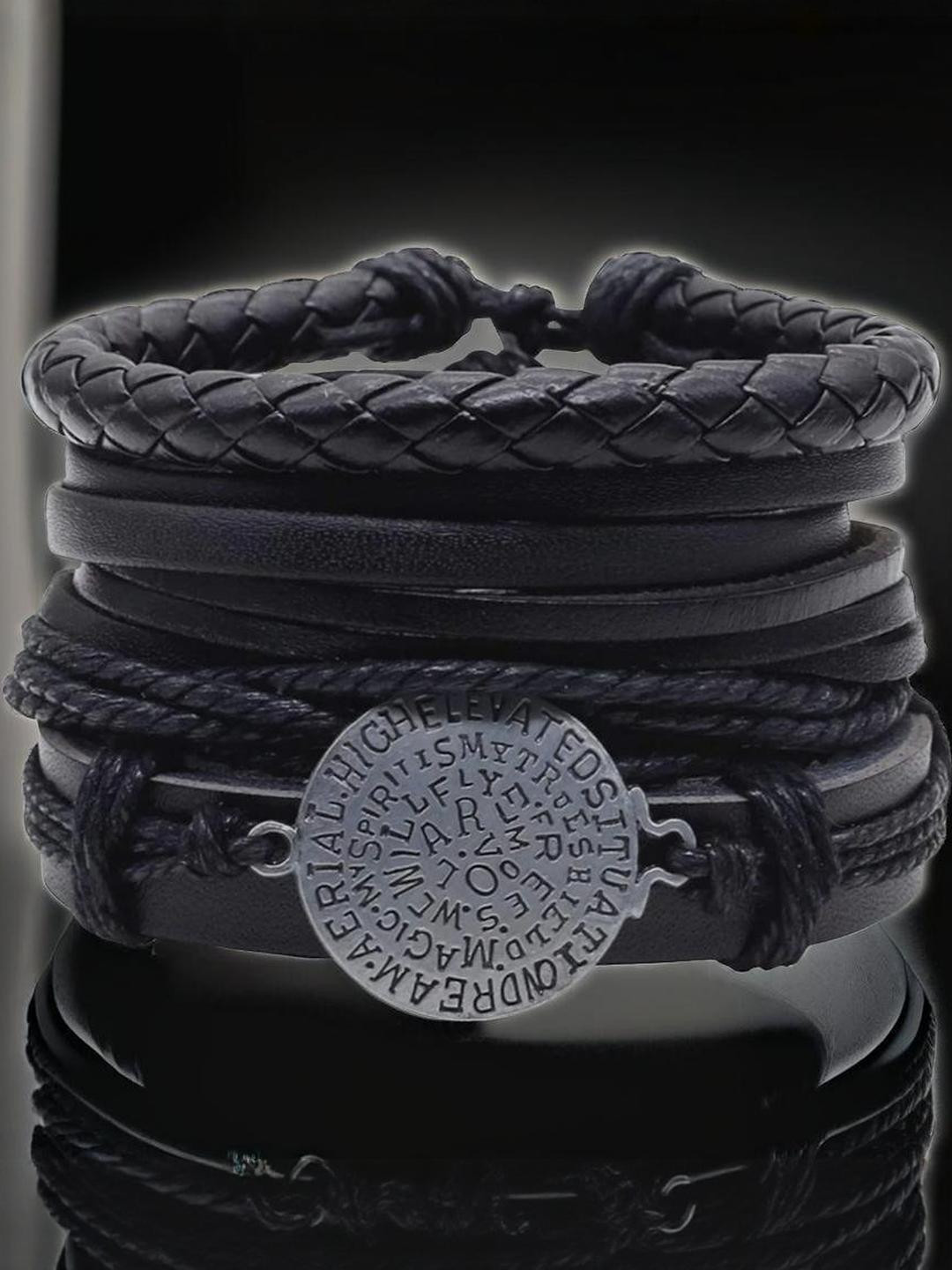Black Leather Multi Strand Coin Wristband Bracelet For Men