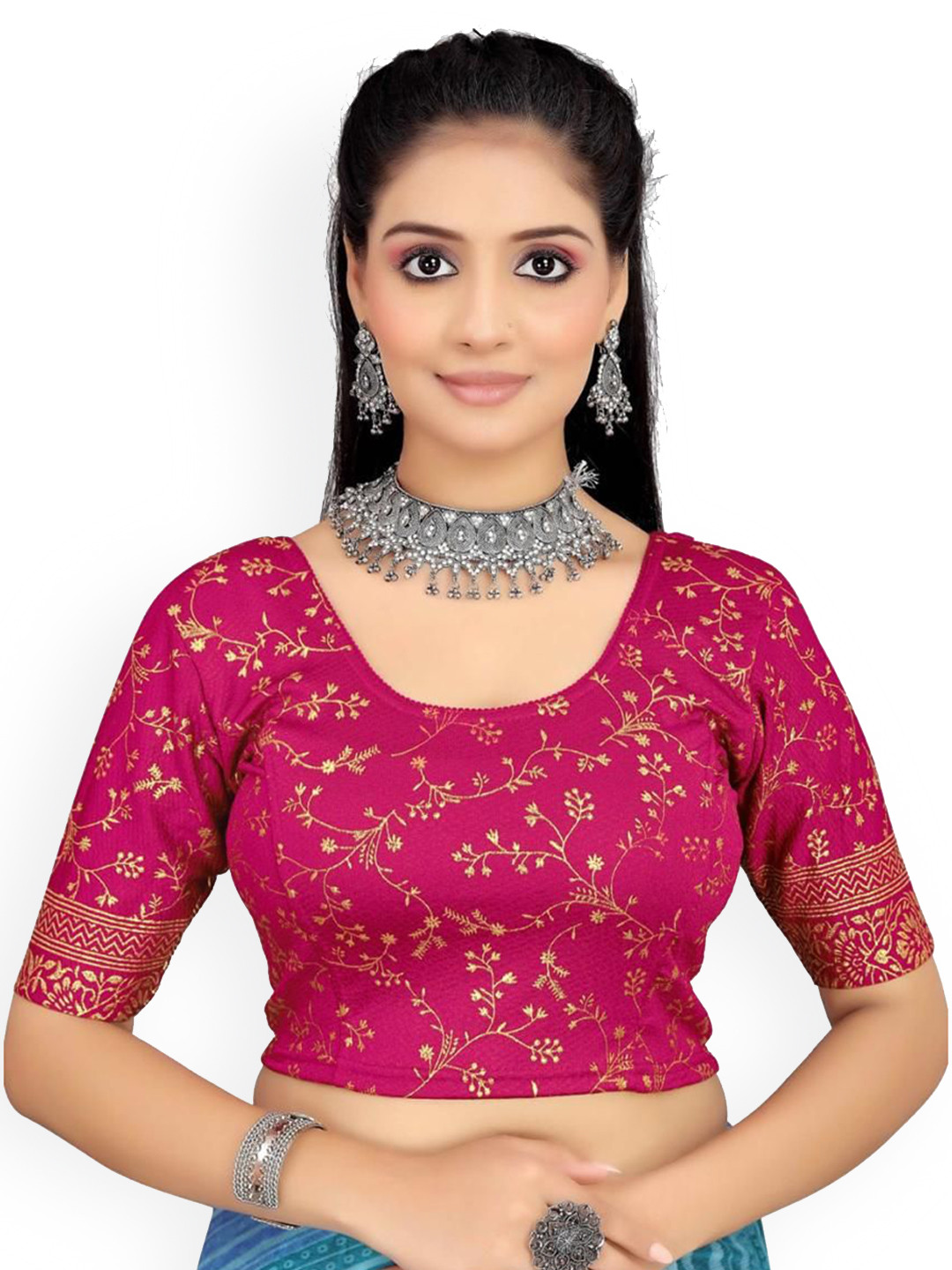 SCUBE DESIGNS Floral Printed Round Neck Saree Blouse