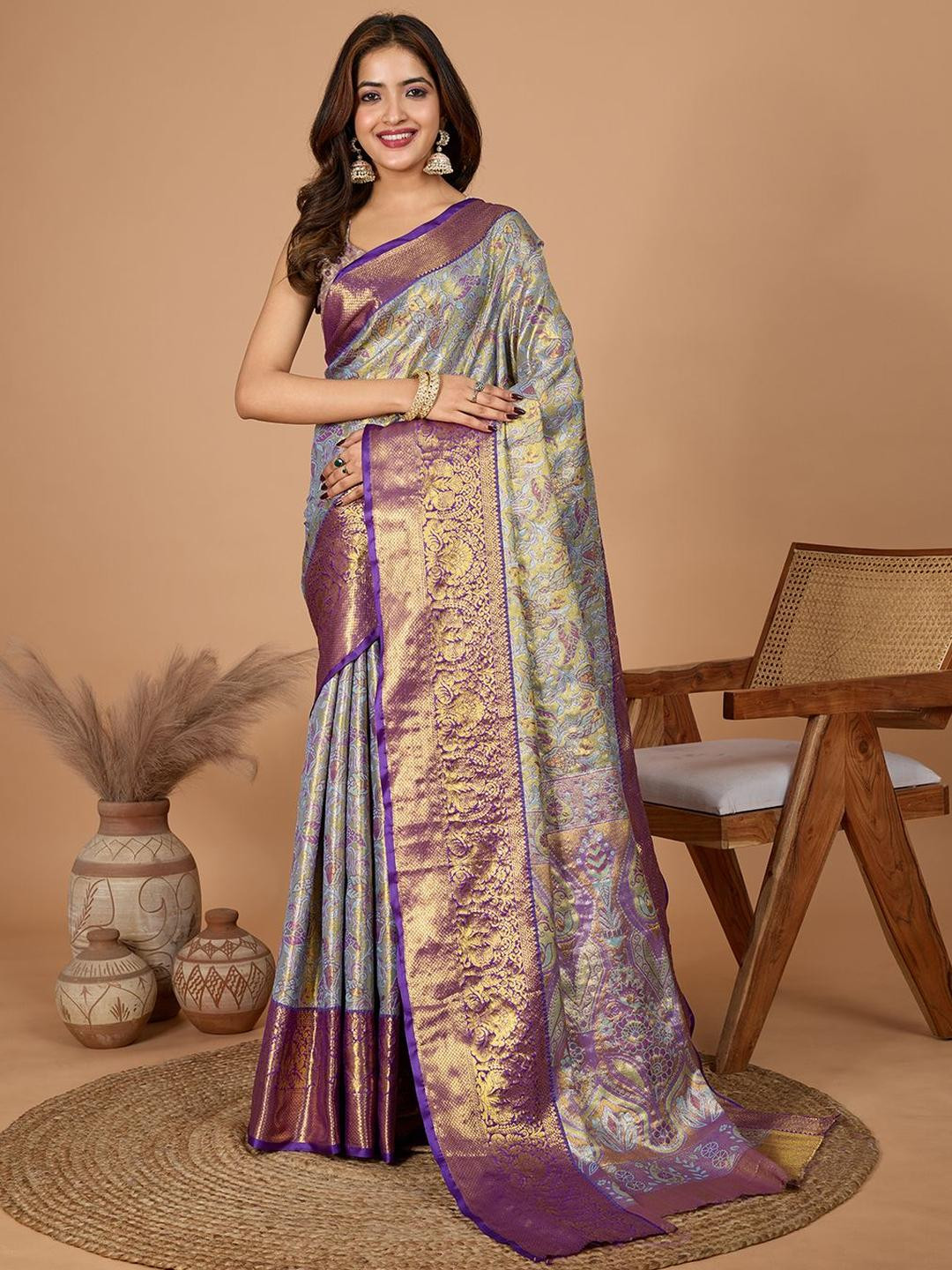 VARNI FABRICS Woven Design Zari Silk Blend Kanjeevaram Saree