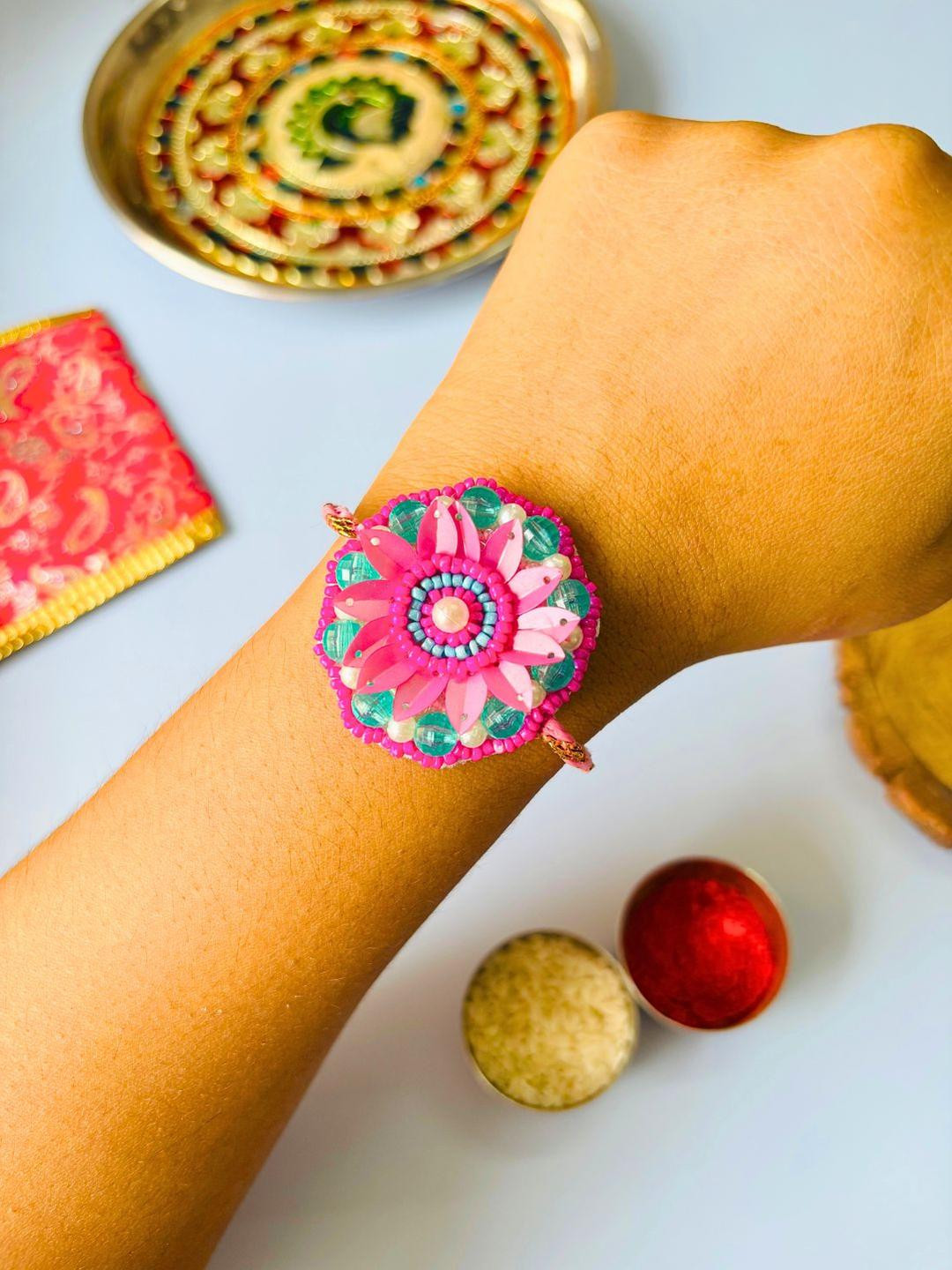 Tipsy closet Unisex Pace Of 1 Pink Tie-Ups Traditional Beaded Floral Rakhi