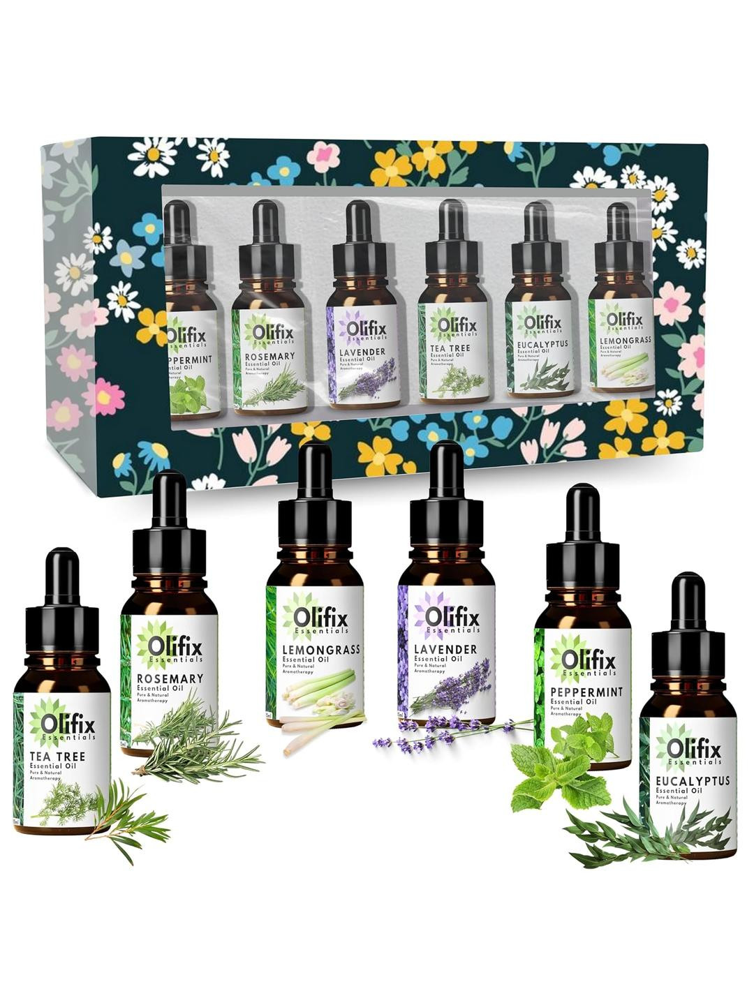 OLIFIX Pack of 6 Lavender Tea Tree Rosemary Lemongrass Peppermint Essential Oils