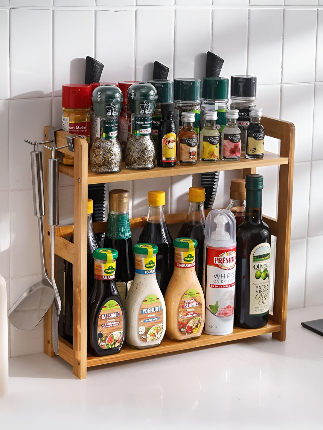 HOKIPO Brown Bamboo Spice Rack for Kitchen