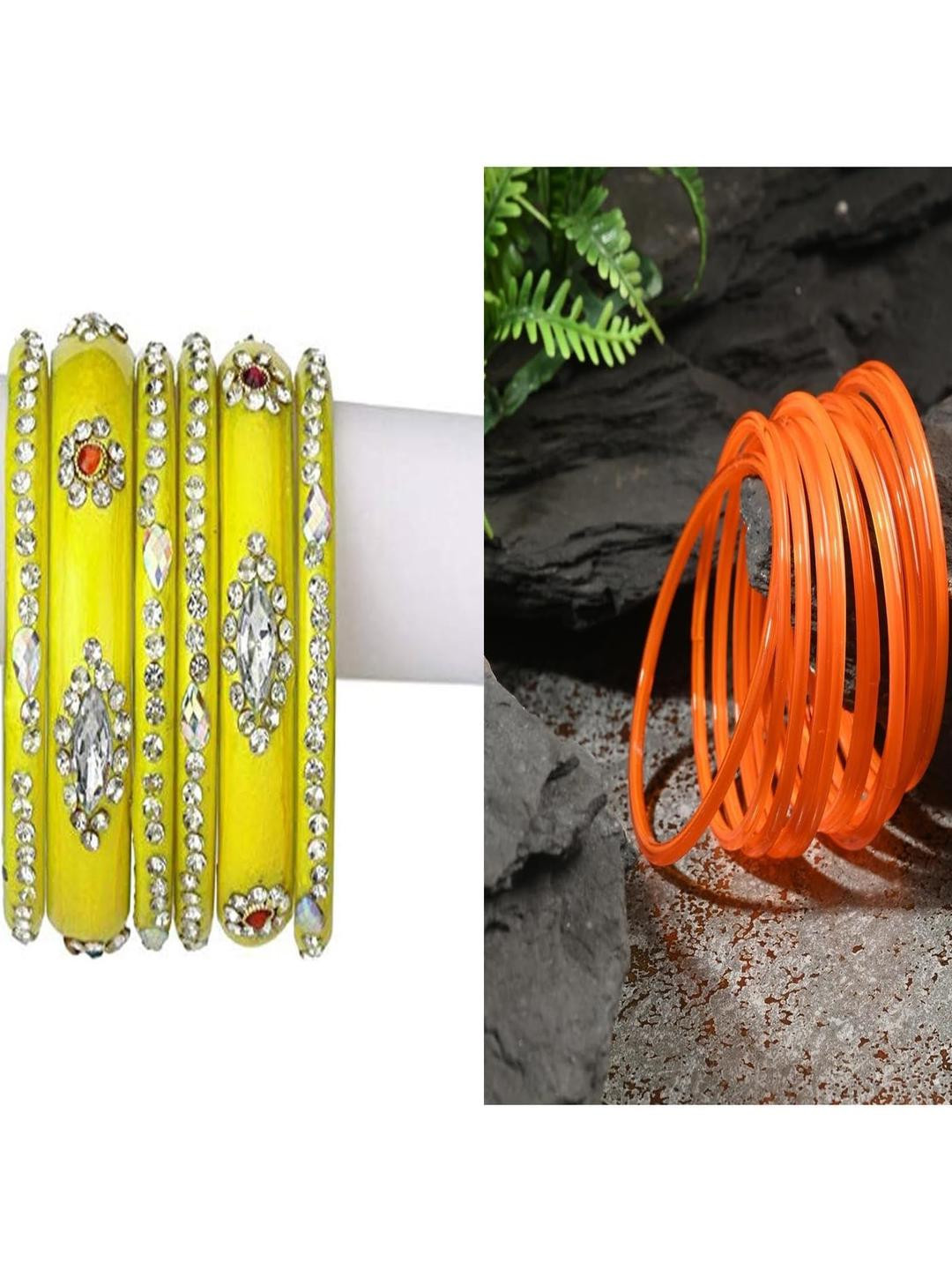 SOMIL Set of 18 Yellow Alloy Artificial Stones & Beads Bangles